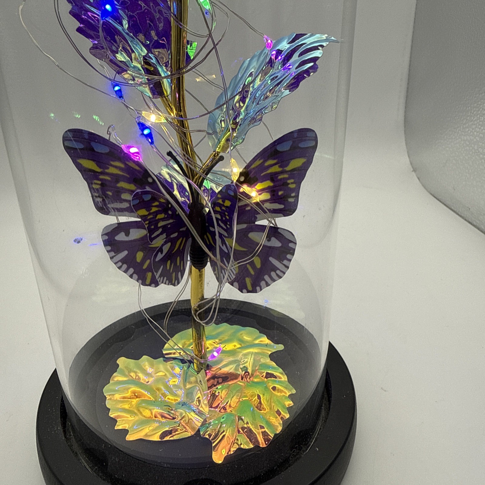 Purple Rose Flower & Butterfly in Glass Dome Cloche LED Lighted Floral Display