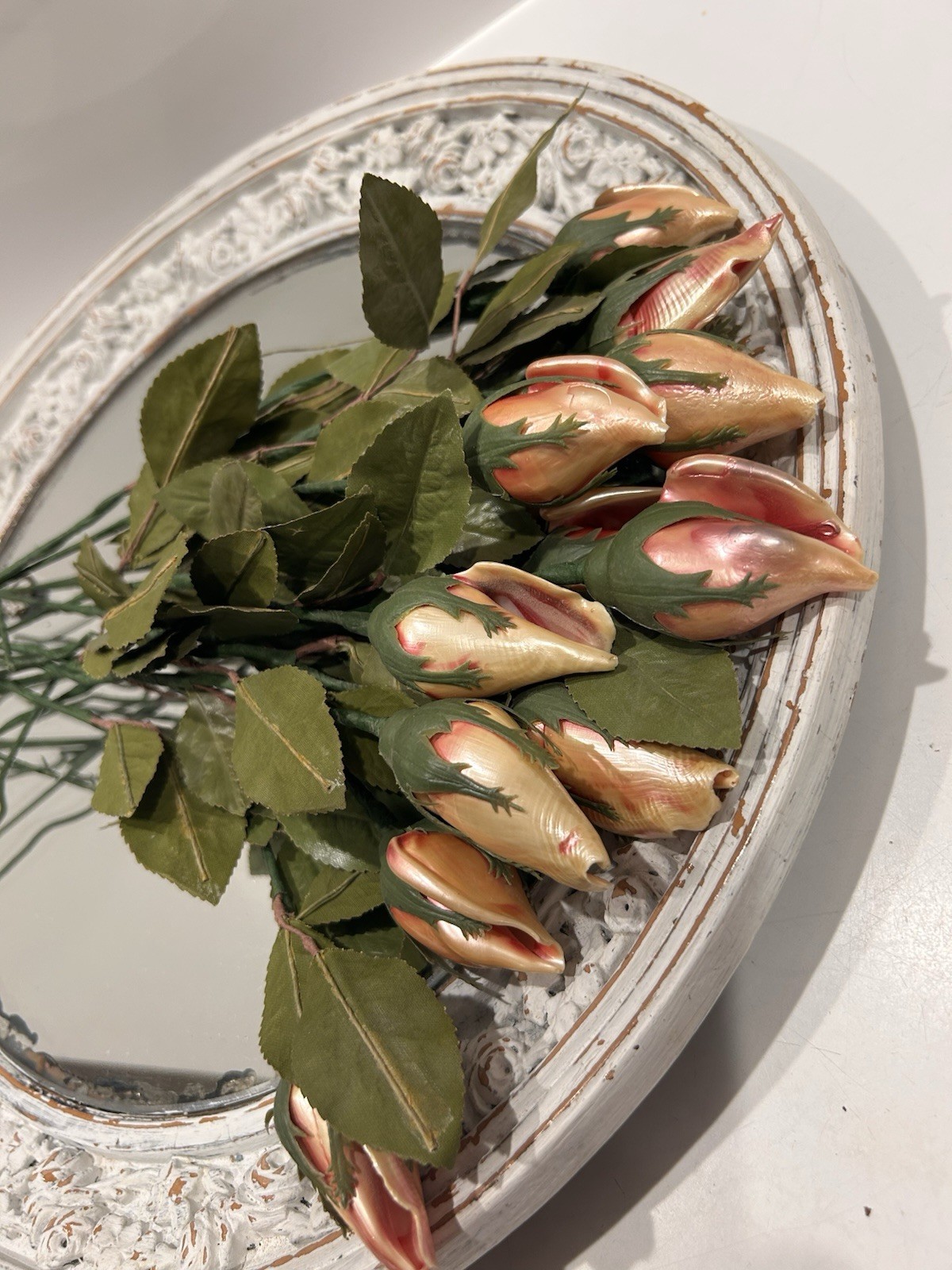 Handmade Hand Painted Long Stem Sea Shell Rose Buds Realistic Bouquet 12