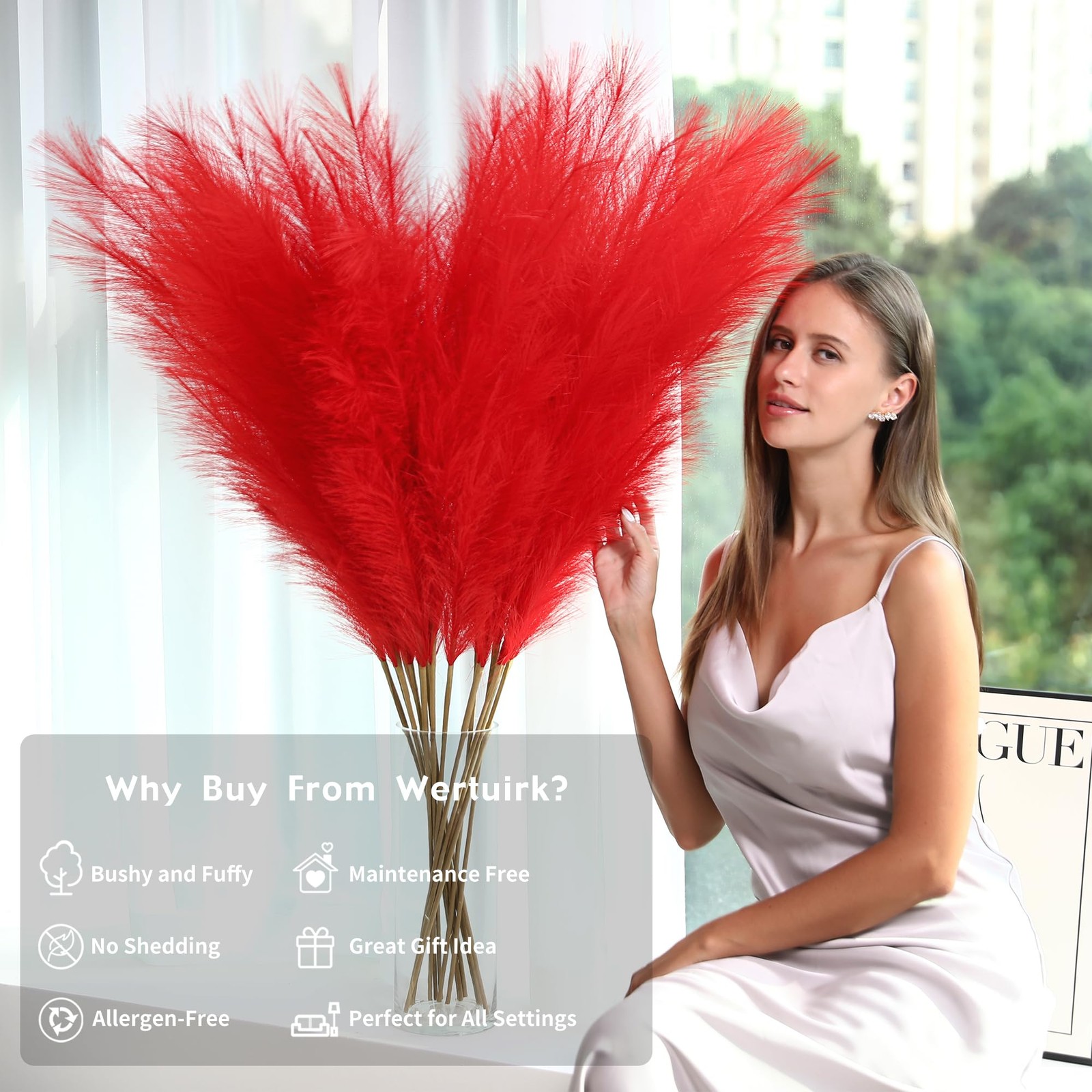 Red Pampas Grass Decor – 45-Inch Set of 8 | Artificial Large Pampas Grass Sof…