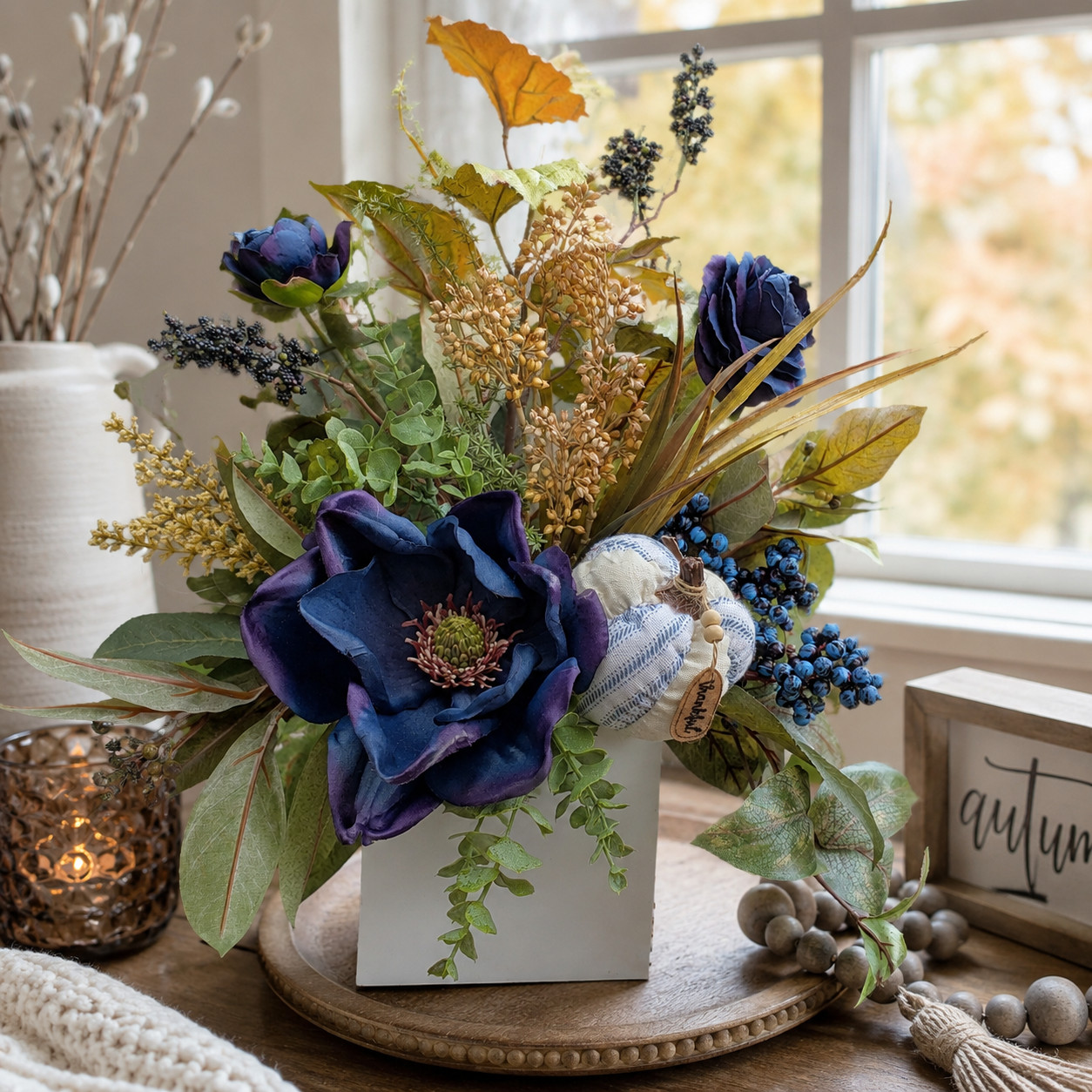 Navy Blue Fall Floral Arrangement Pumpkin Accent, Autumn Magnolia Arrangement