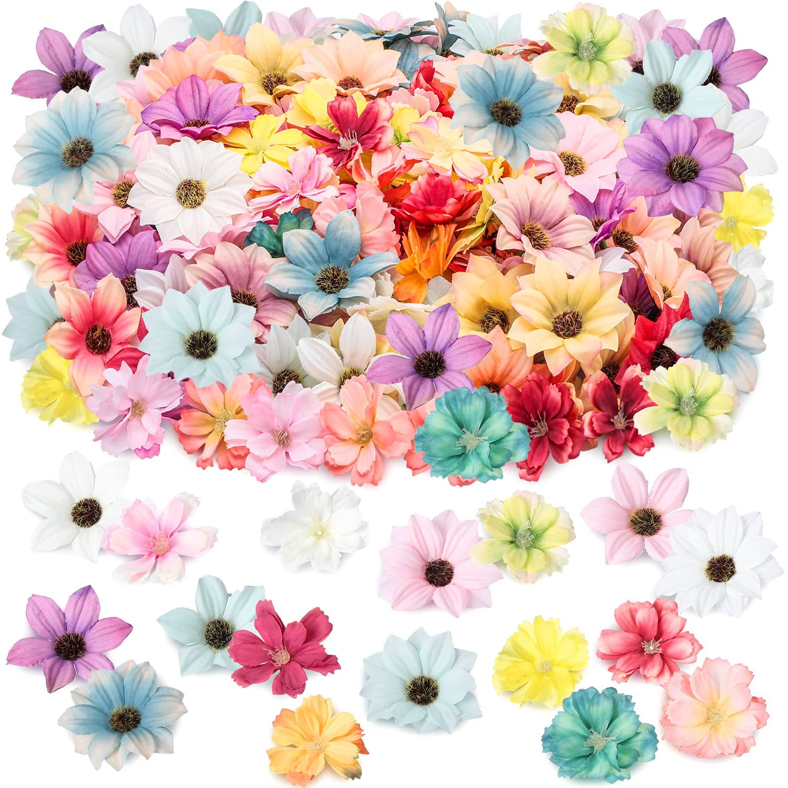 200 PCS Small Artificial Fake Silk Daisy Rose Peony Flower Heads Craft Wreath