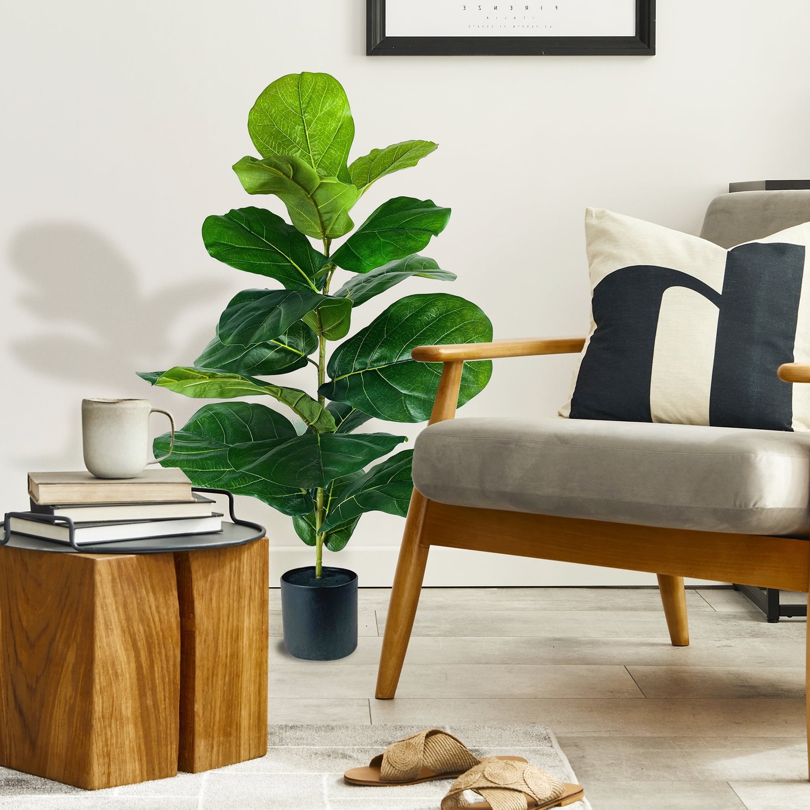 Artificial Plant, Fiddle Leaf Fig Plant, 3.33 ft, Black Plastic Grower’s Pot