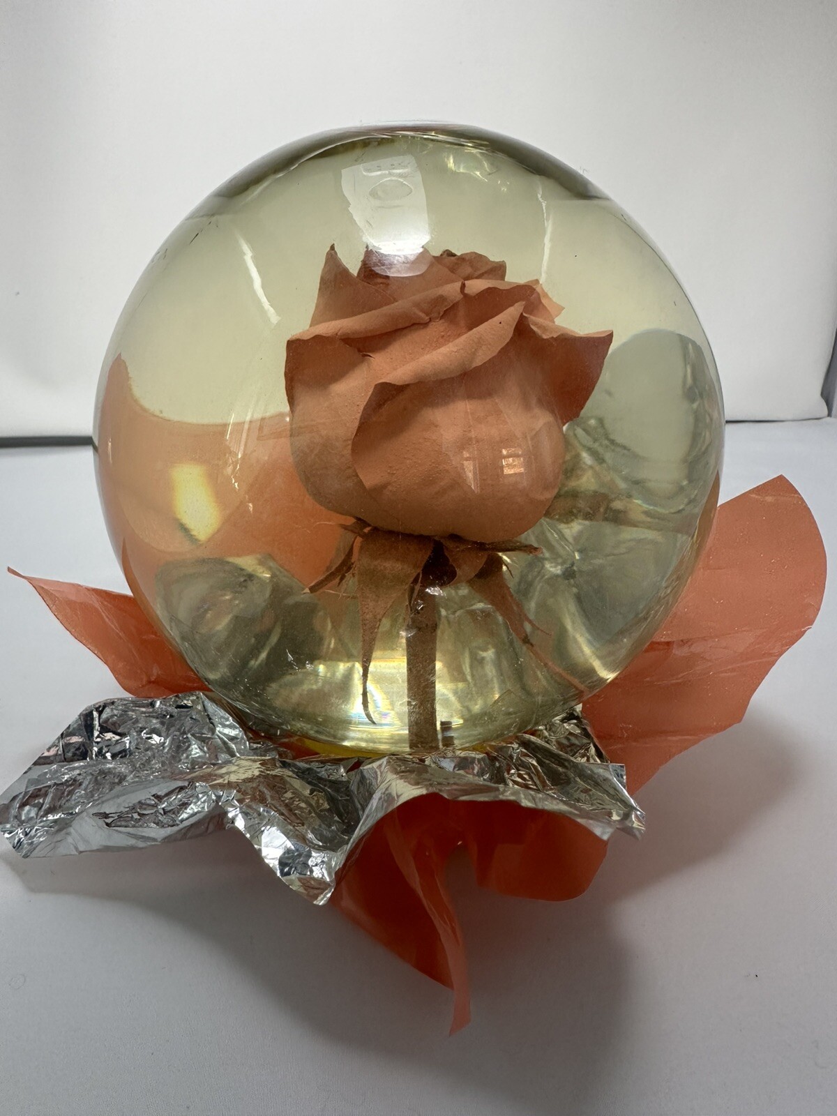 Vintage Suspended Rose Glass Bubble 6.5” tall by Mexiflower Orange Foil Netting