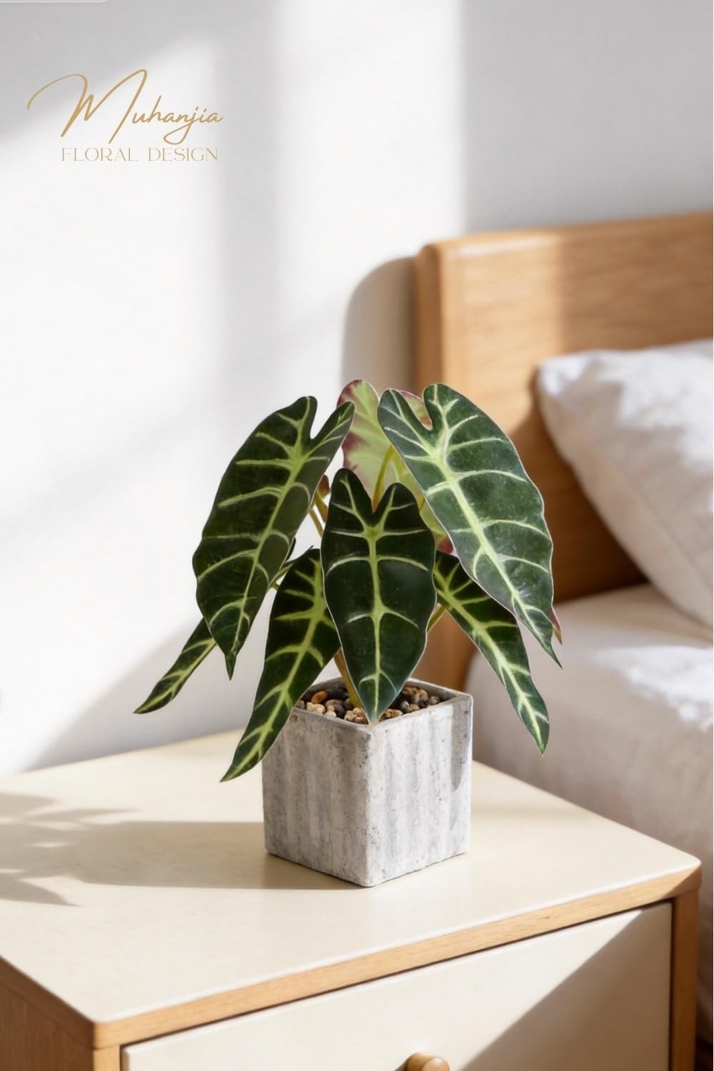 Faux Alocasia Potted Plant Lifelike Greenery Cement Look Square Pot Decor