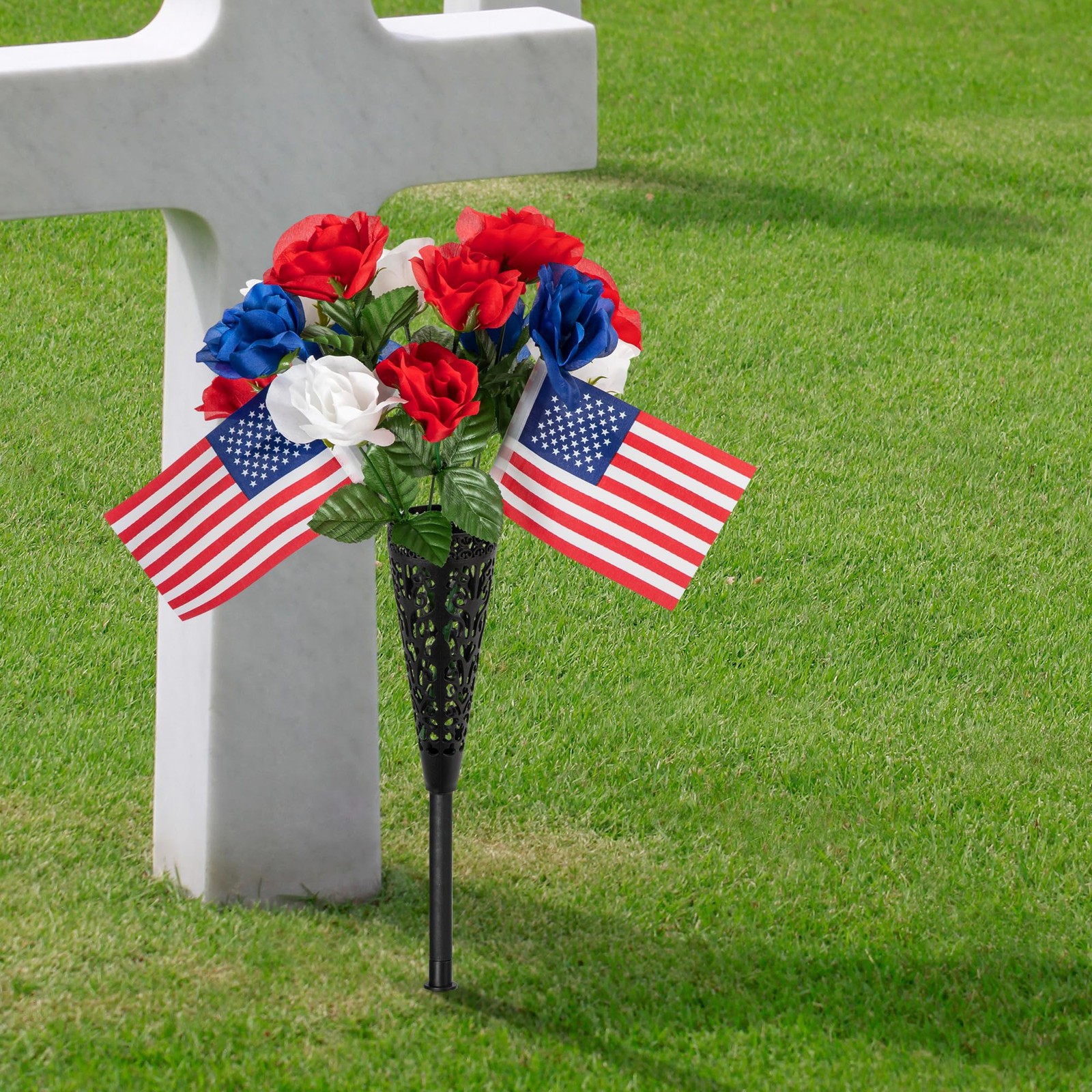 4 Bunches Memorial Day Artificial Flowers, Red Blue White Cemetery Flower wit…