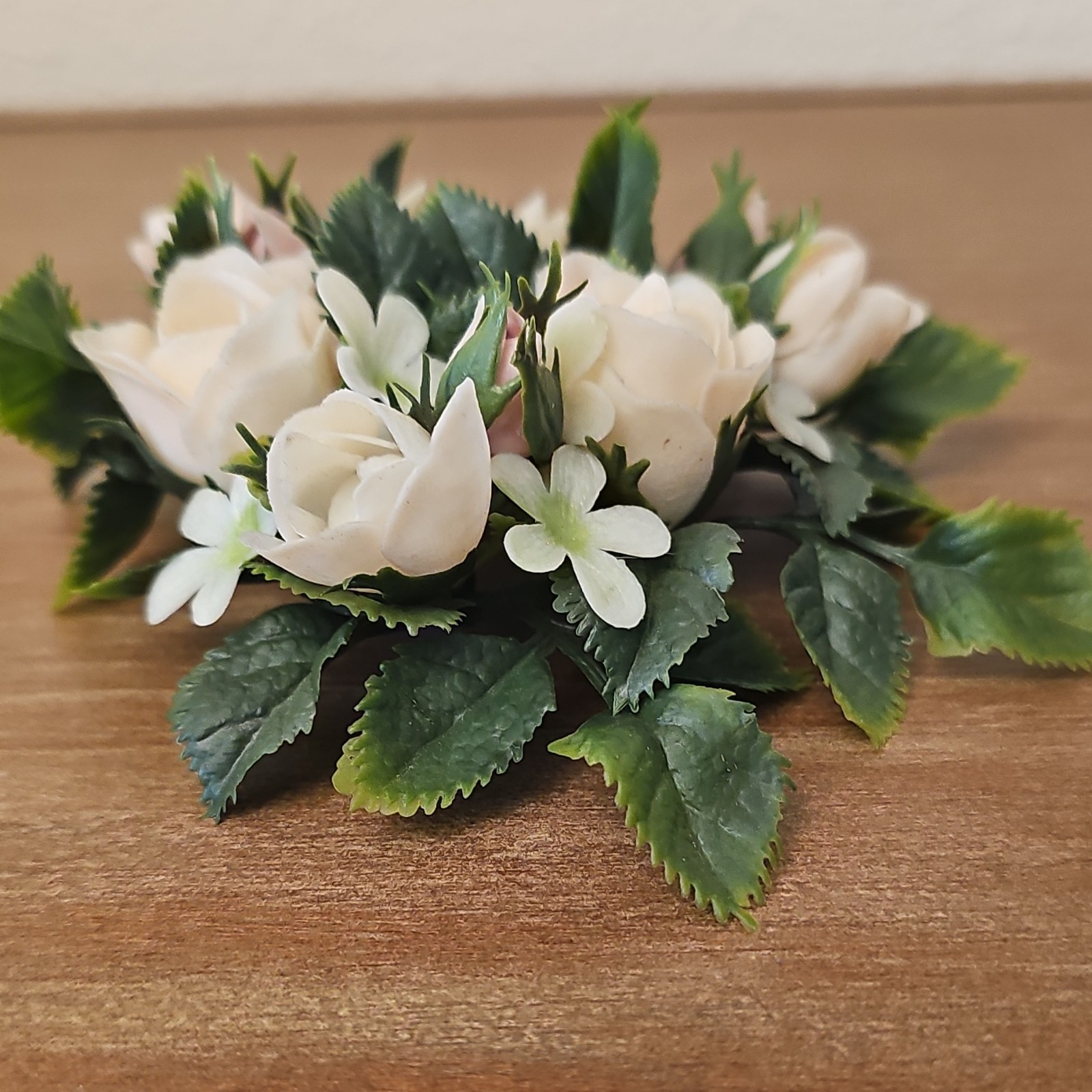 Artificial Rose Floral Arrangement Centerpiece with Cream Roses and Green Leaves