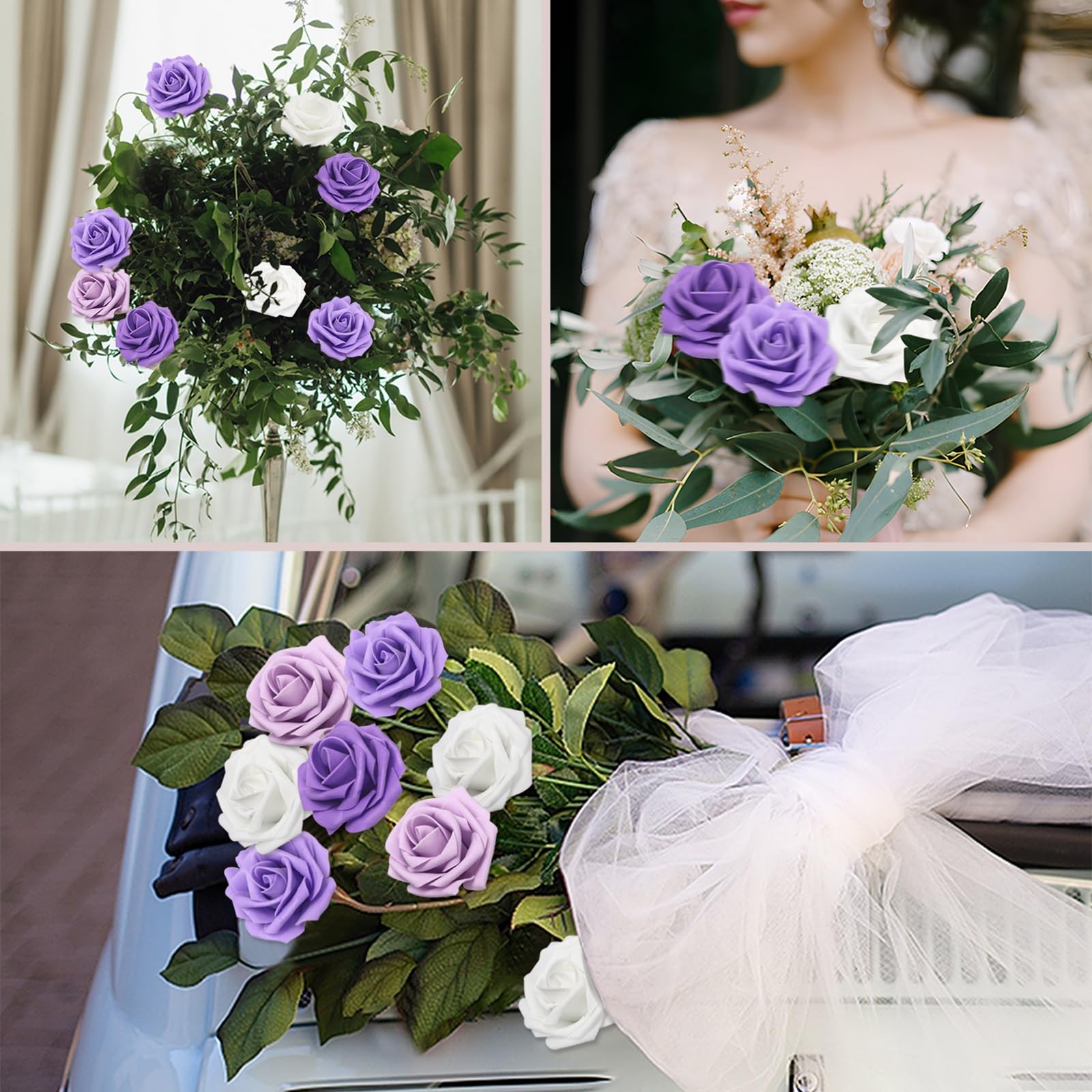 200PCS Artificial Flowers Purple Mixed Series Roses Real Looking Foam Fake Ro…