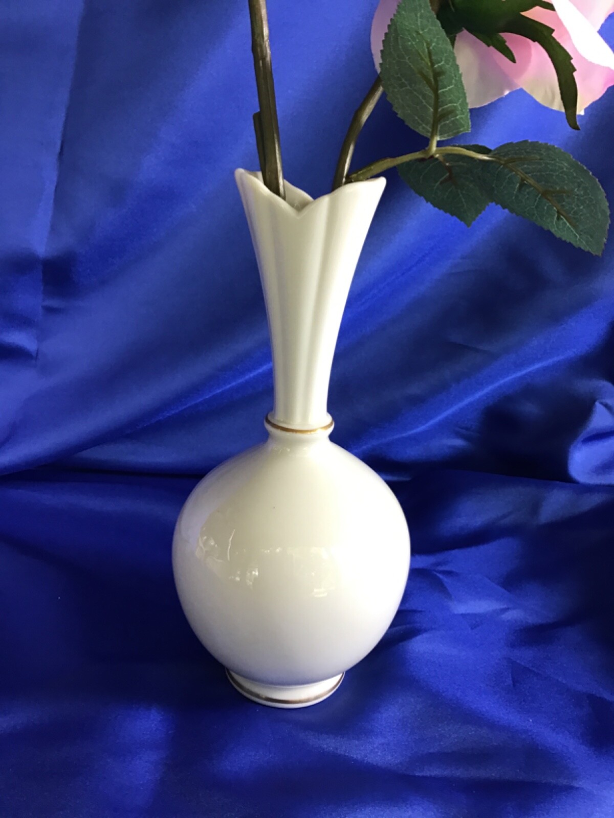 Lenox Vase with Pink Rose & Bud Artificial Flower Arrangement