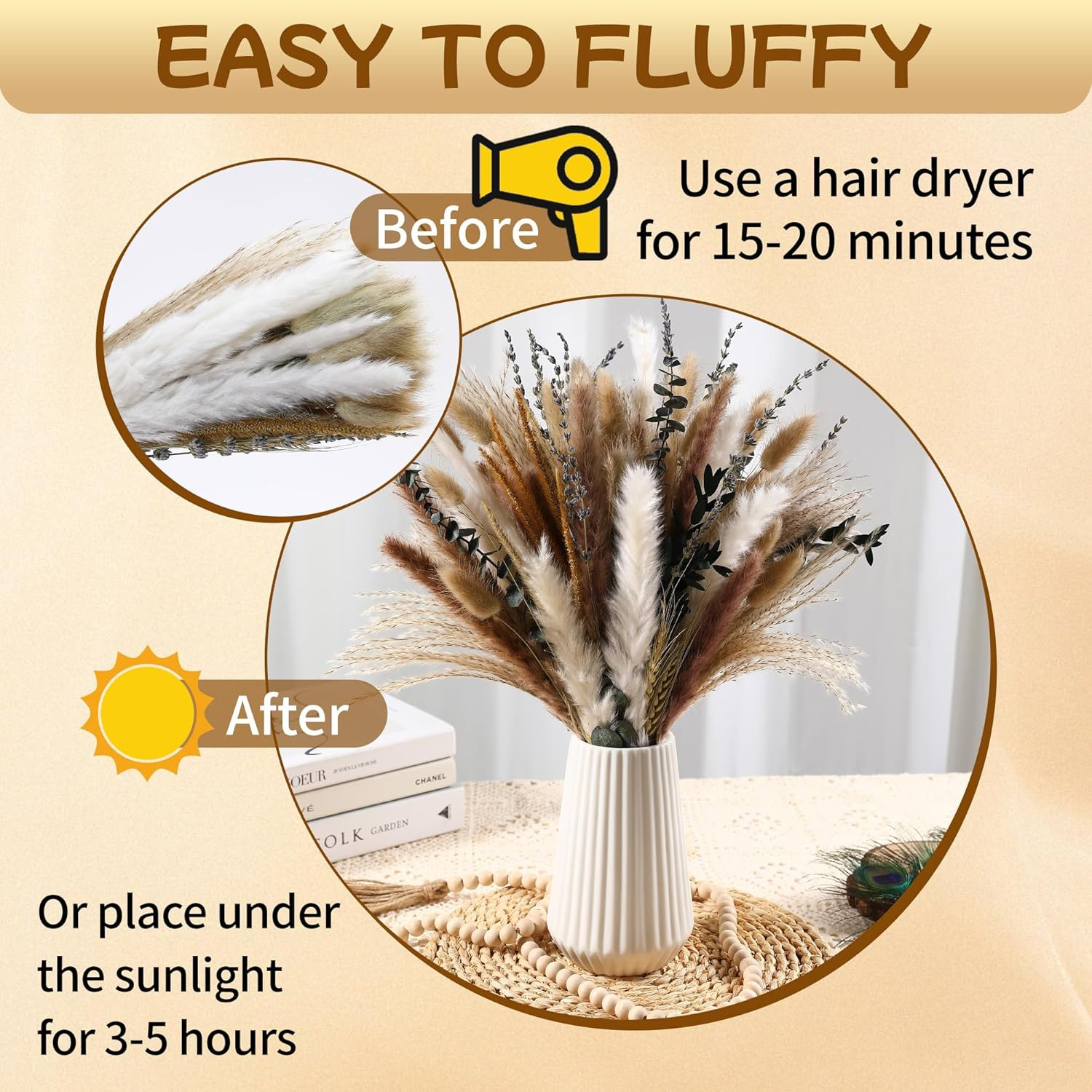 Dried Pampas Grass Bouquet – 92 Pcs 11-13 Inch Pampas Grass Decor with Bunny Tai