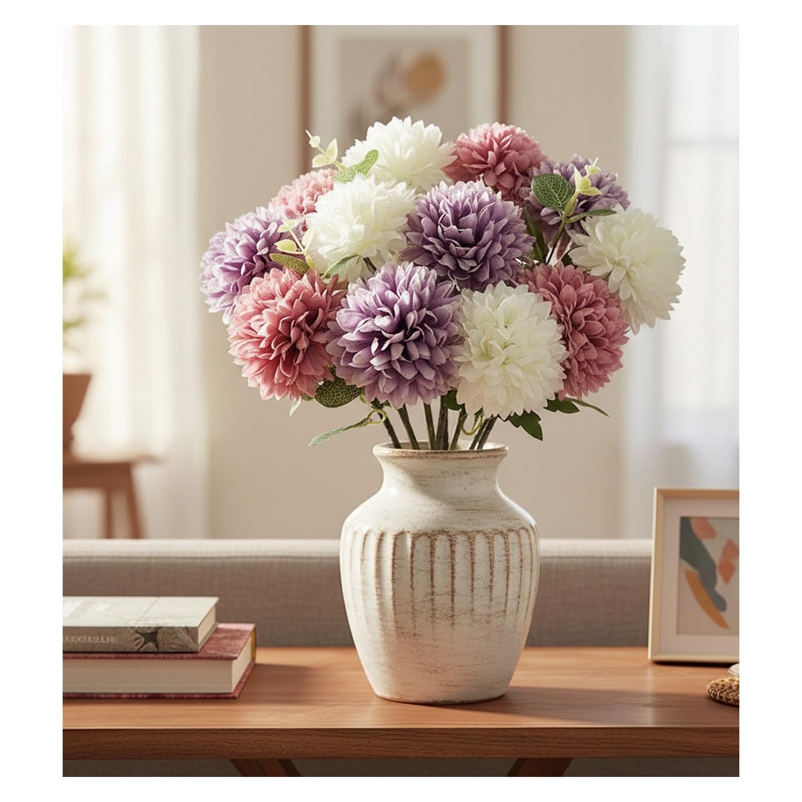 Artificial Silk Mums Chrysanthemum Flowers with Faux Eucalyptus Stems Decor