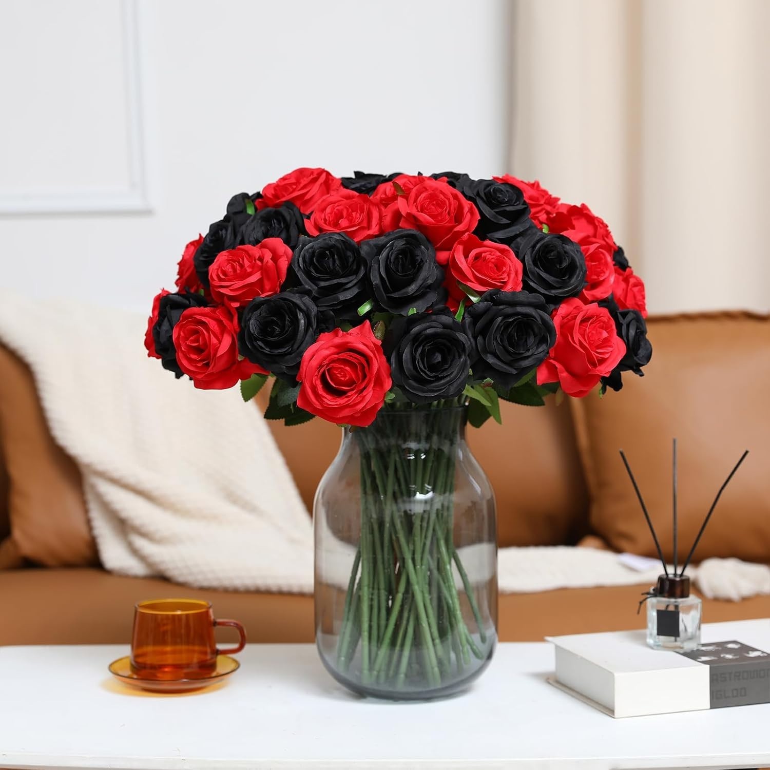 Artificial Roses 12 Pcs Black and Red Silk Flowers for Home Decor Centerpieces