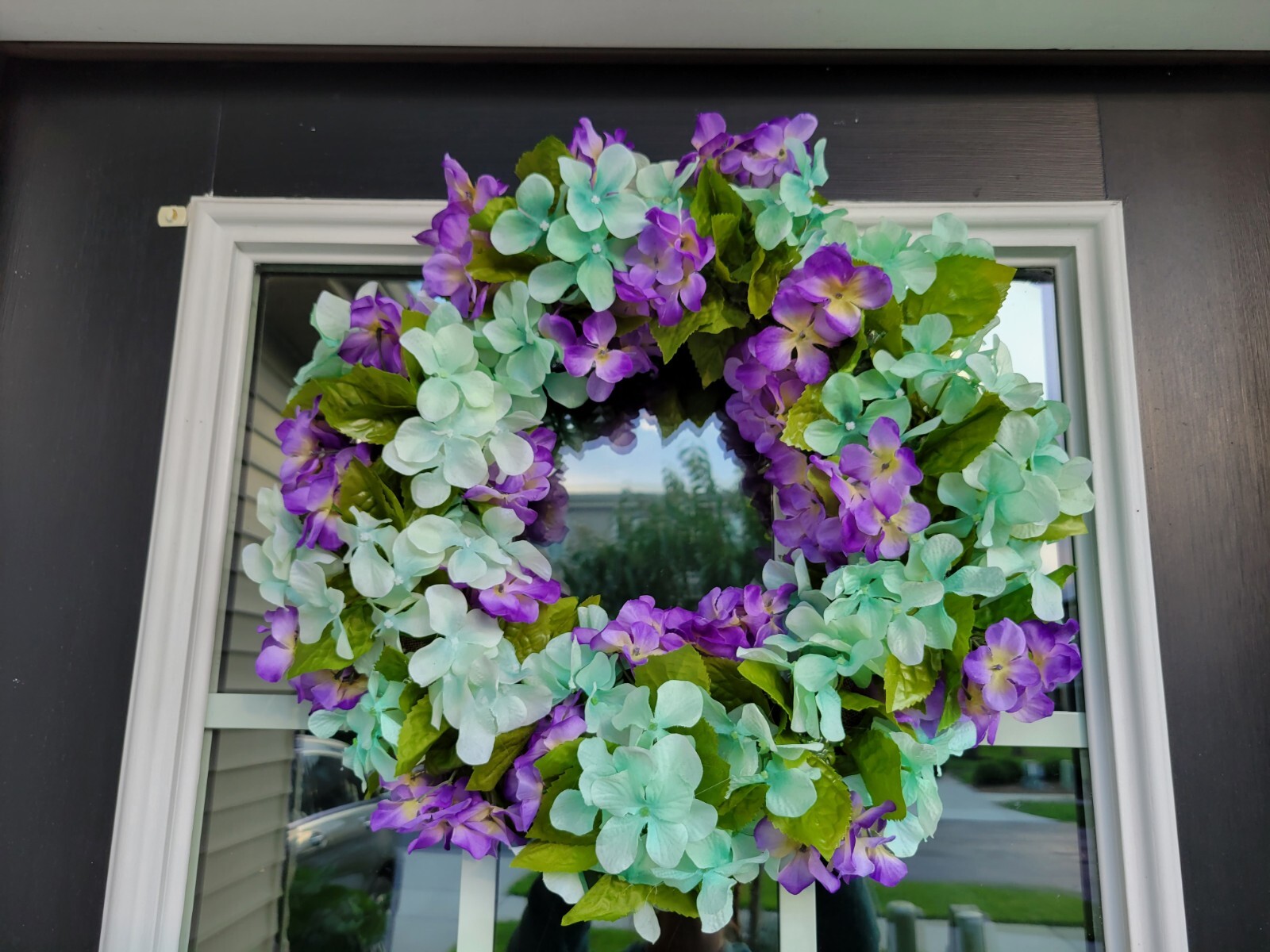 FLORAL one of a kind WREATH flowers Decor Front Door 16″ new green Hydrangeas