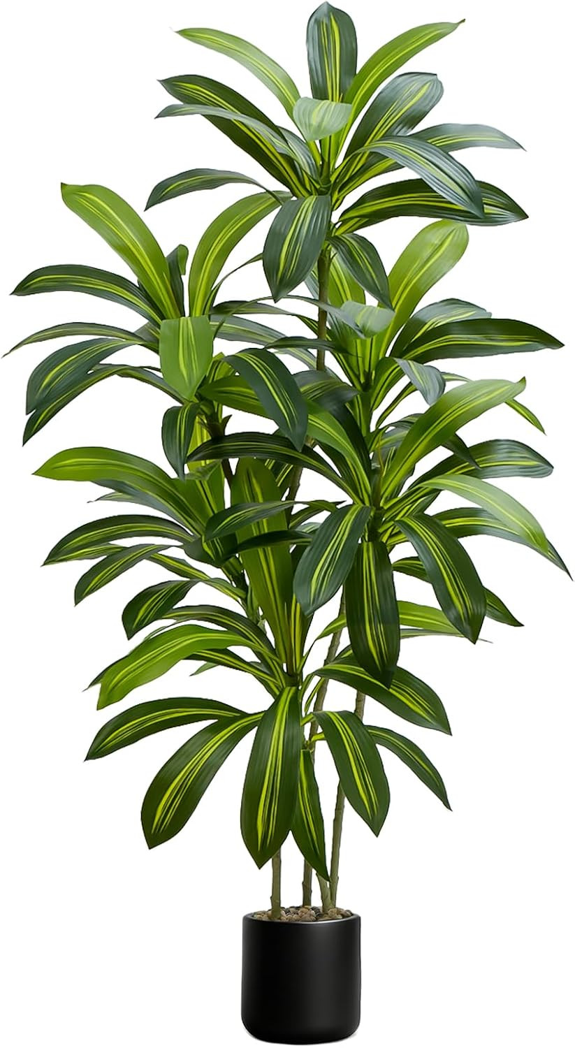 Artificial Dracaena Tree, 5FT Tall Fake Plants with Real Touch Leaves & White Pl