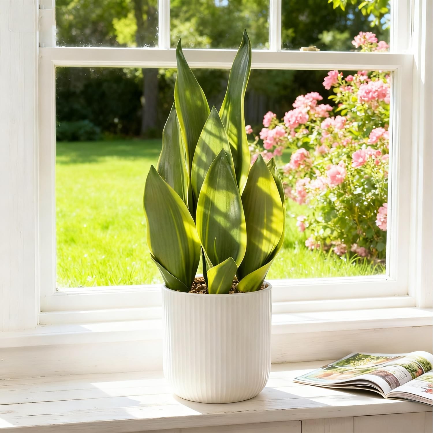 Artificial Realistic Snake Plant 16″ with White Ceramic Pot Fake Snake Plants…