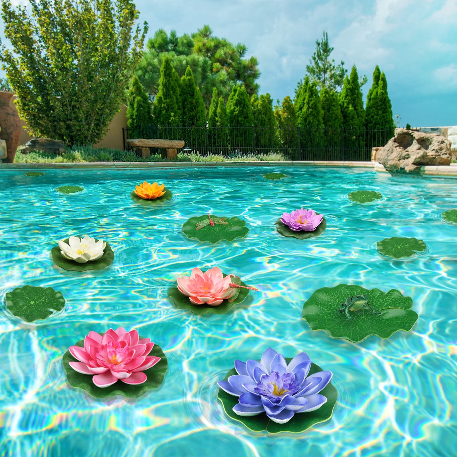 22 Pack Artificial Floating Foam Lotus Flowers with Artificial Frog Lotus Lea…