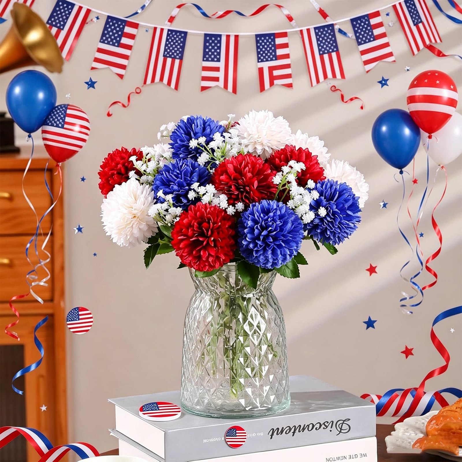 12pcs 4th of July Flowers 250th Anniversary Artificial Chrysanthemum Silk Hyd…
