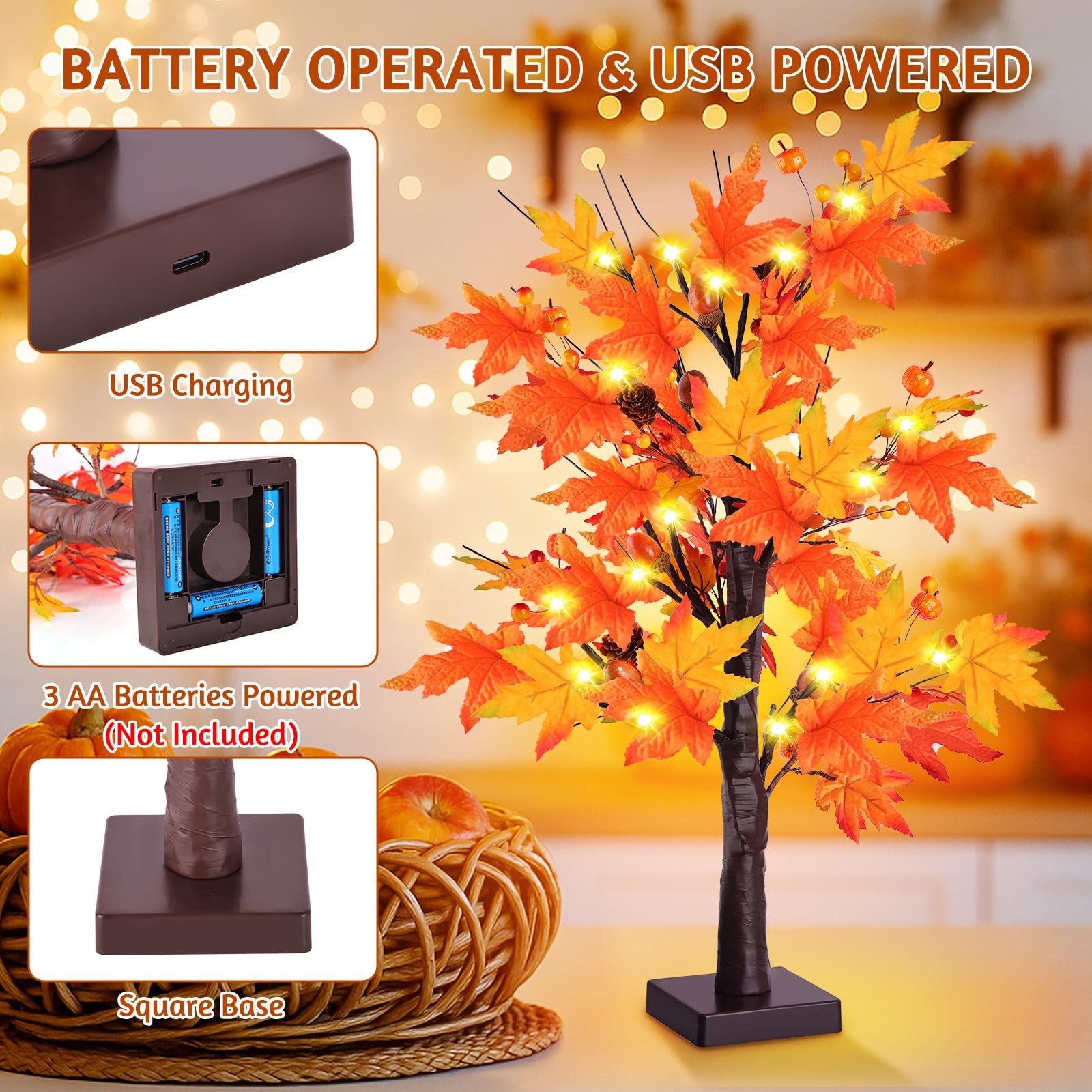 2 Pack 24 Inch Prelit Lighted Maple Tree, Artificial Fall Tree with 24 LEDs T…