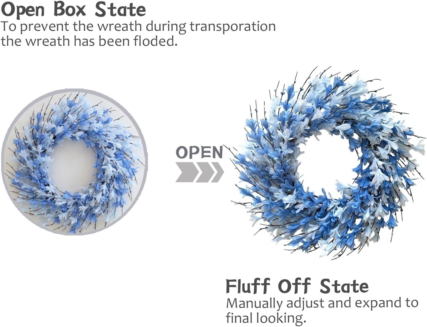 22 Inch Blue Artificial Forsythia Wreath Spring Summer Fall Silk Door