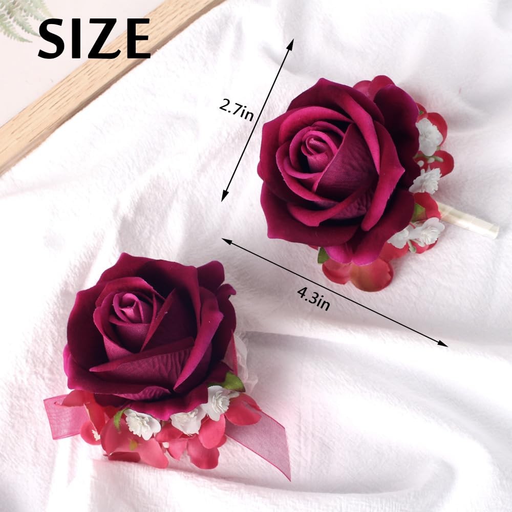 Deep Fuchsia Rose Wrist Corsage Wristlet Boutonniere Set Wedding Prom Flower