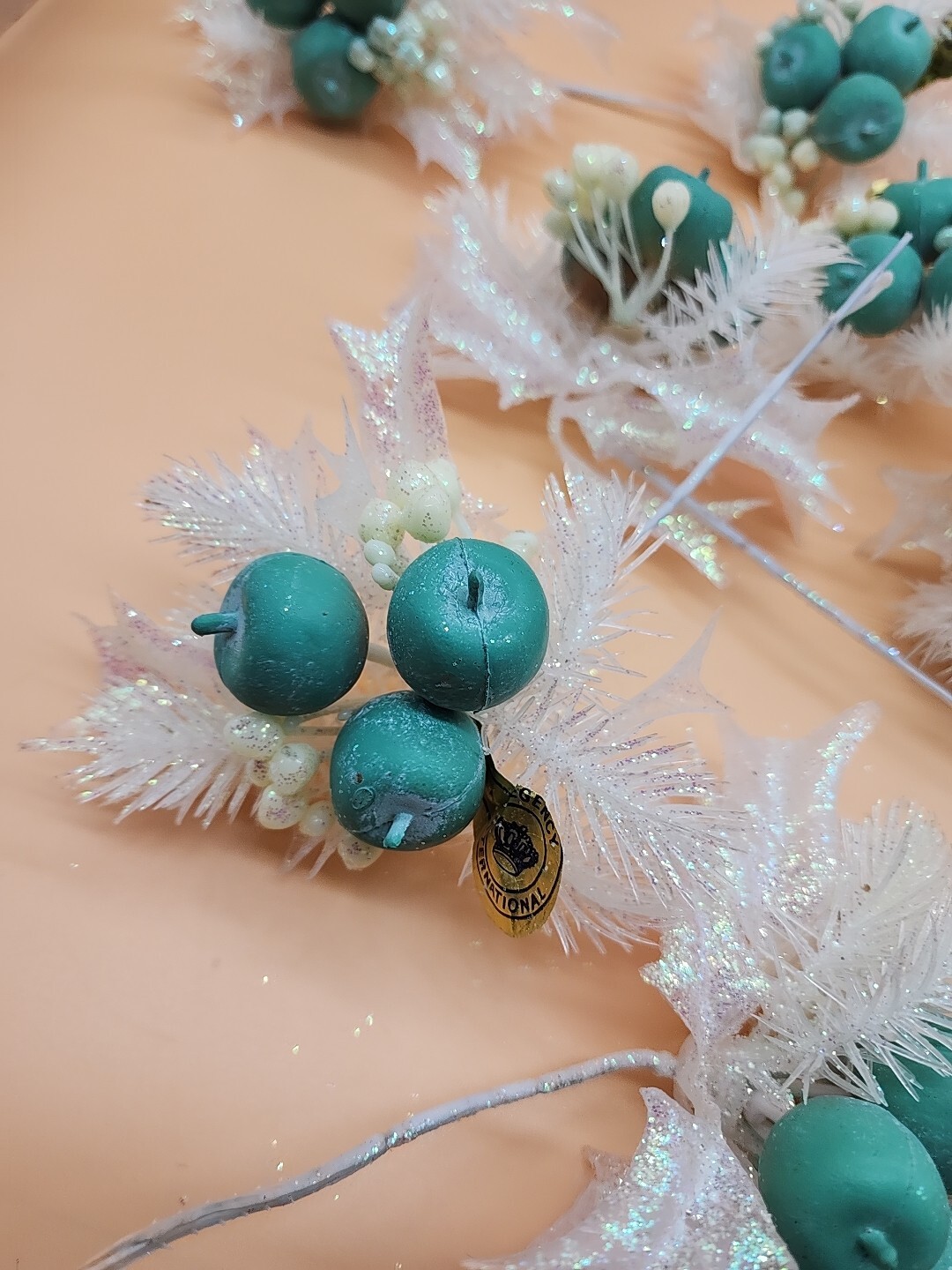 Lot of 11 Regency International Glittery 7″ Teal Apple Christmas Spray Stems NOS
