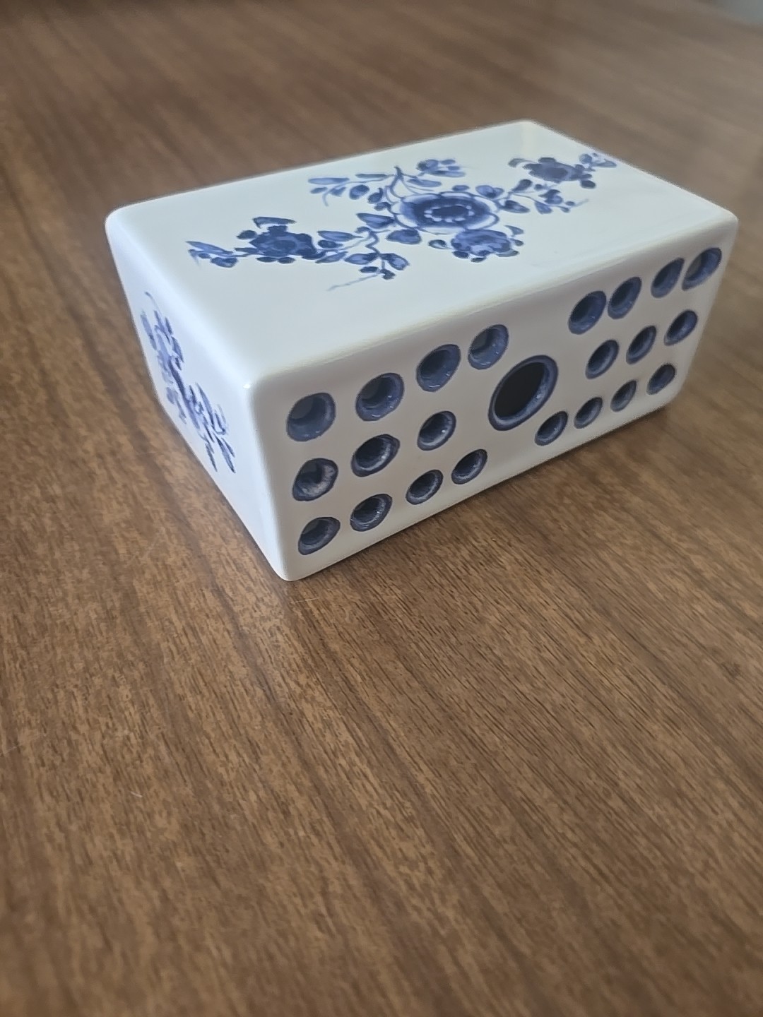 Hand Painted Ceramic Blue and White Flower Frog Vase, 1992 Made in Portugal