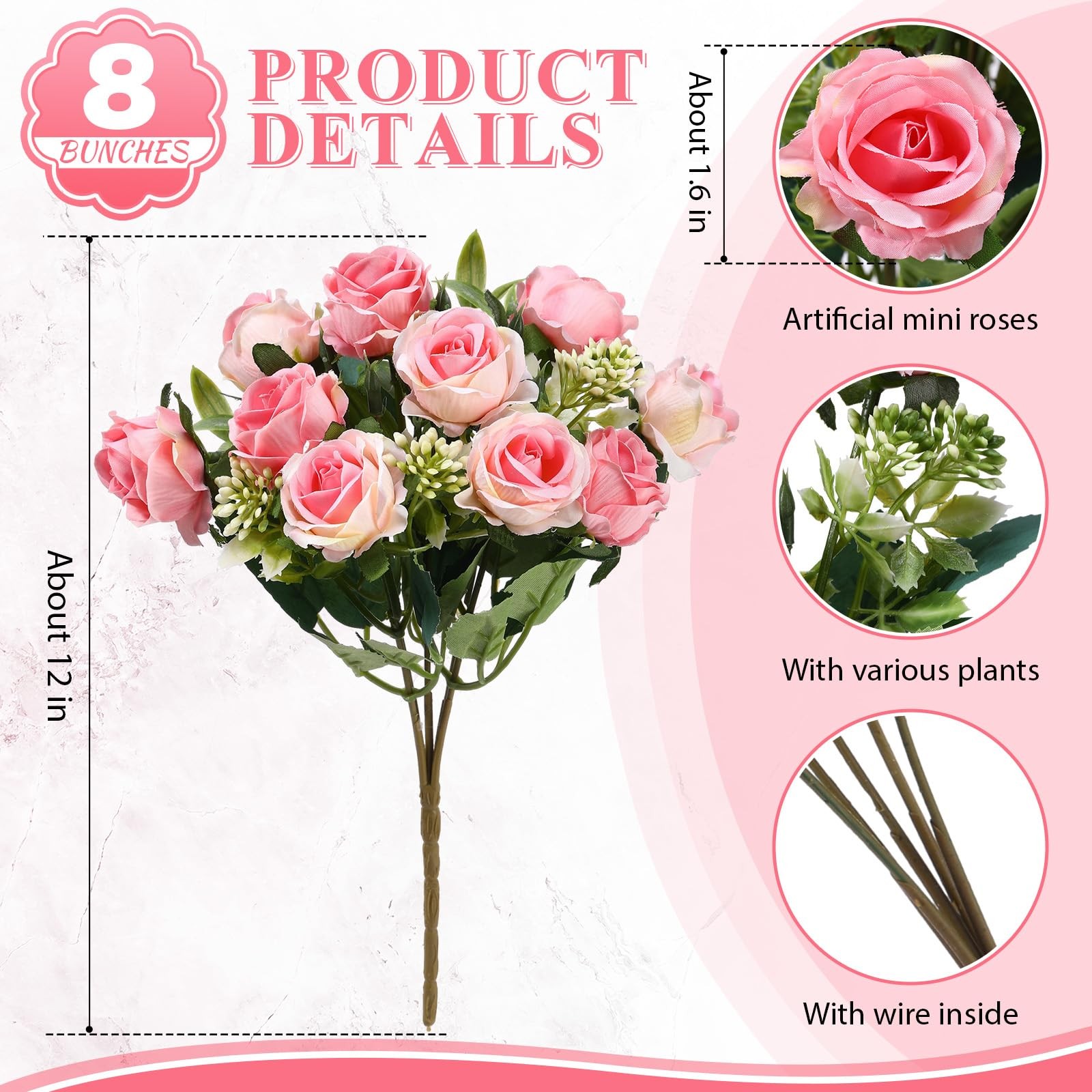 8 PCS Pink 12 Inch Wedding Bouquets Artificial Rose Fake Silk Roses Bulk