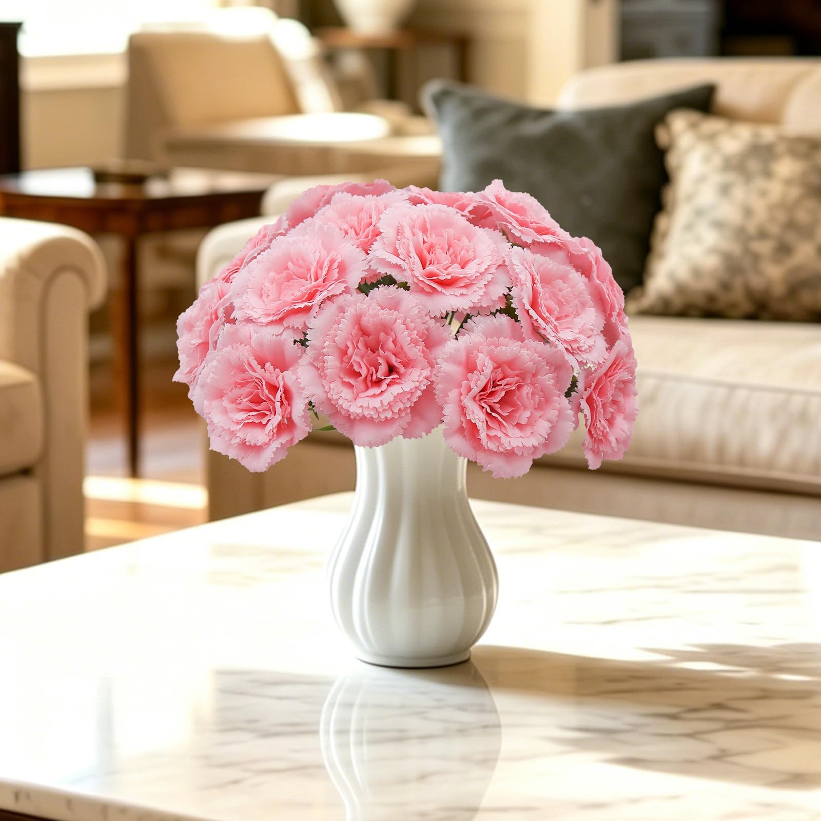 24 Pcs Pink Carnations Artificial Flowers with Stems, 11.4 Inches Faux Silk C…