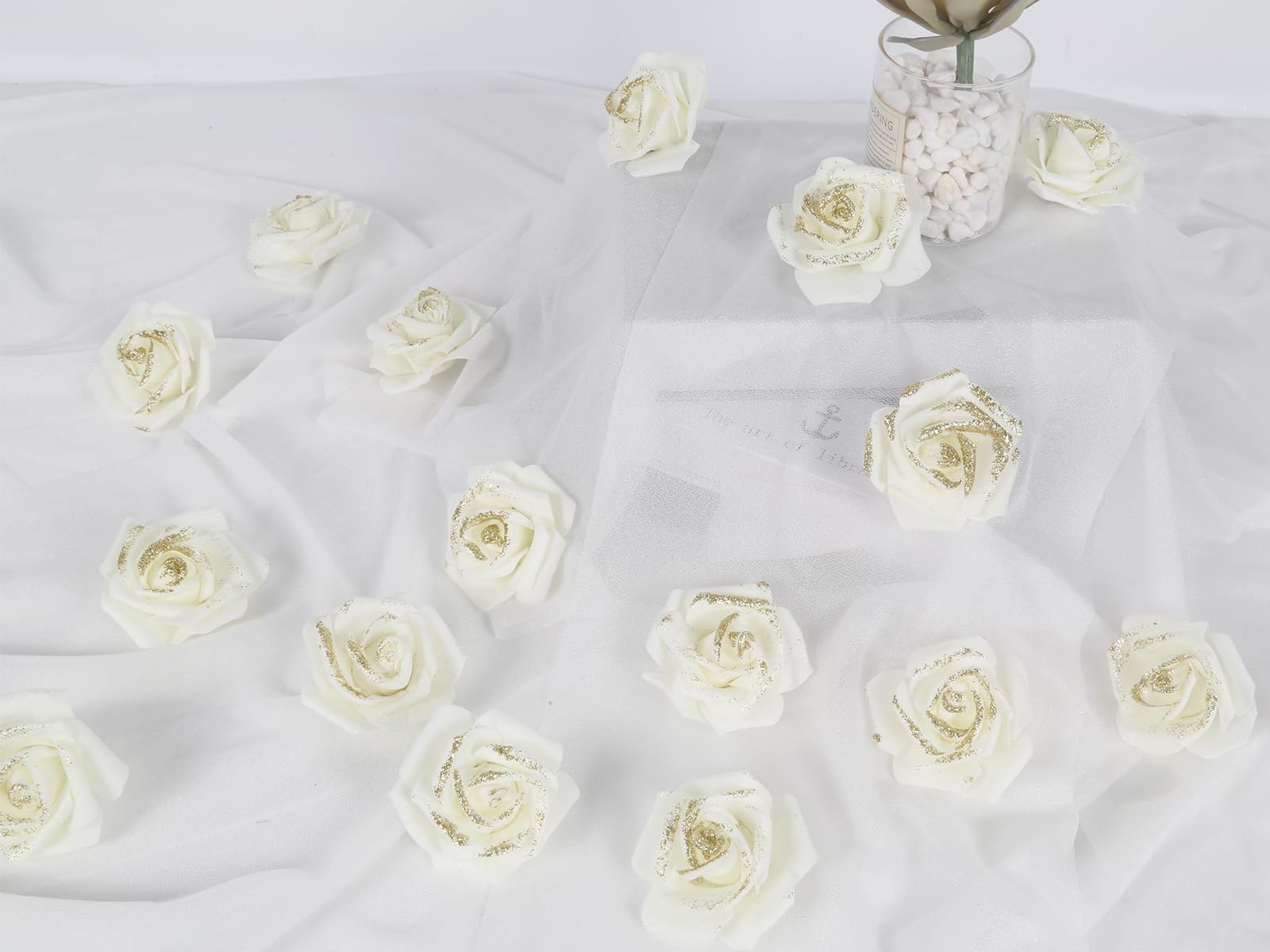 ICBOX Gold Glitter Ivory Roses 100pcs Stemless Foam Flowers Artificial Real L…