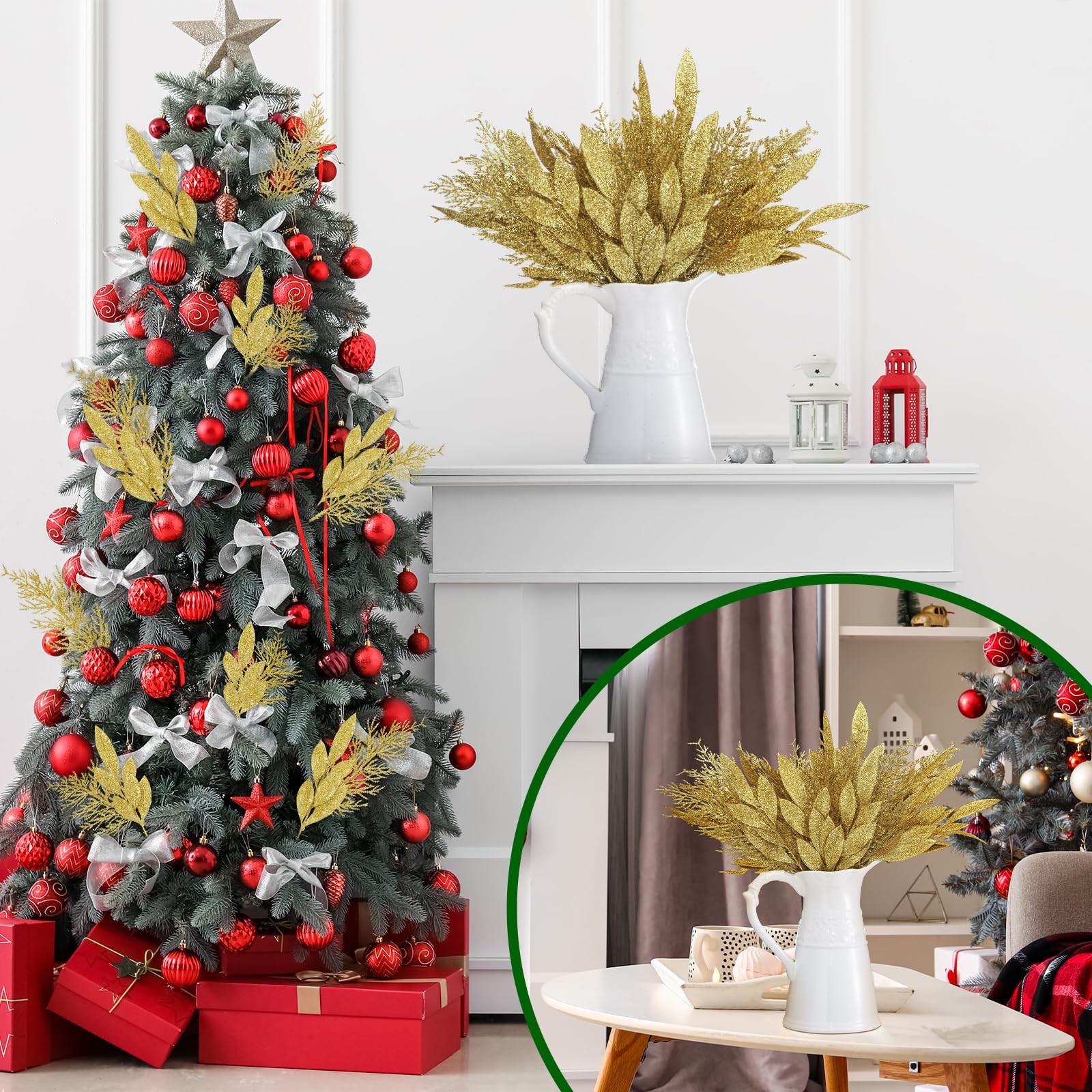 30pcs Gold Christmas Picks Glitter Bay Leaf Ornaments Velvet Gold Glittered C…