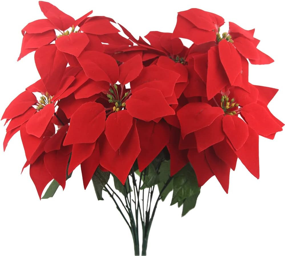 2 Pcs Poinsettia Flowers Artificial Christmas Flowers Red 5 Heads Silk Poinse