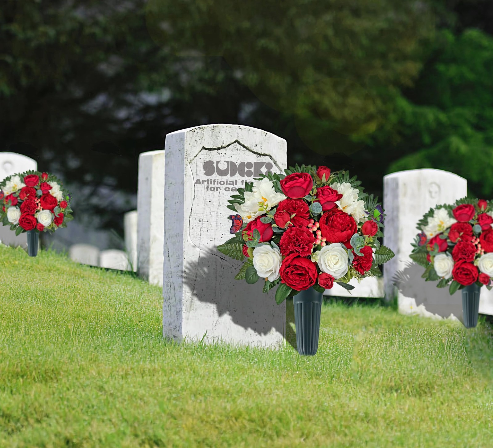 Cemetery Flowers with Vases for Grave Decor, Silk Lily Rose Carnation，Headsto…