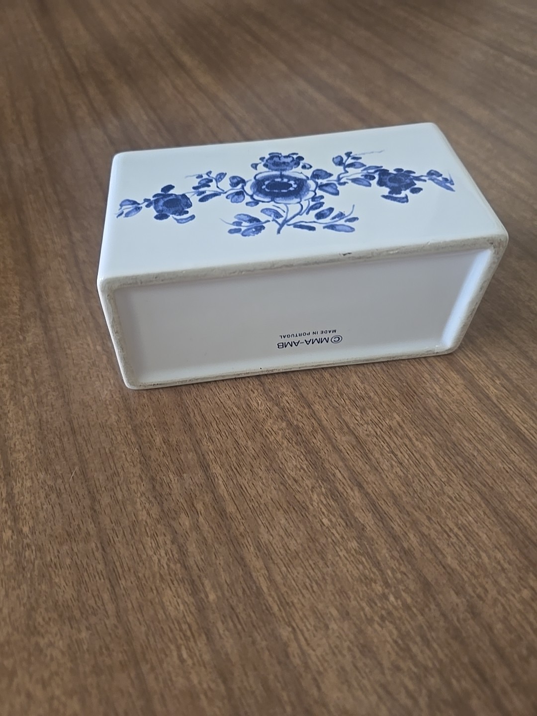 Hand Painted Ceramic Blue and White Flower Frog Vase, 1992 Made in Portugal