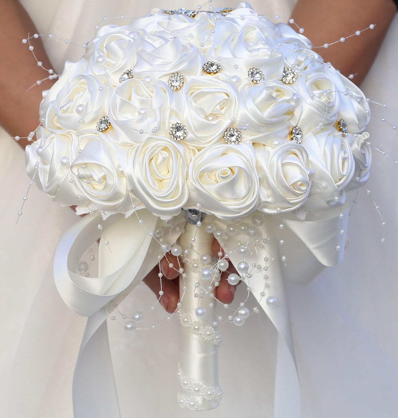 Bridal Wedding Bouquet Round Bling Brooch Artificial Rose Ivory 7.5 Inch