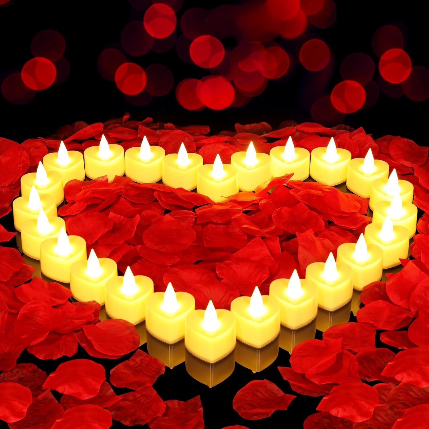 2000 Pcs Artificial Rose Petals with 24 Pcs Romantic Flameless Candles, LED Hear