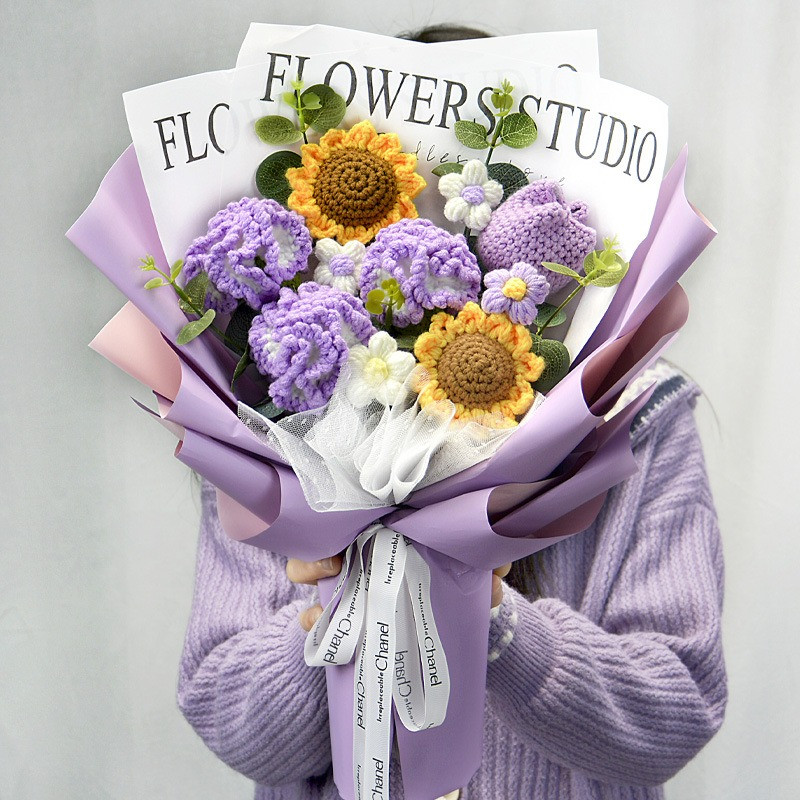 Completed Hand Knitted Crochet Flowers Bouquet Sunflower Daisy Lily Tulips Carna
