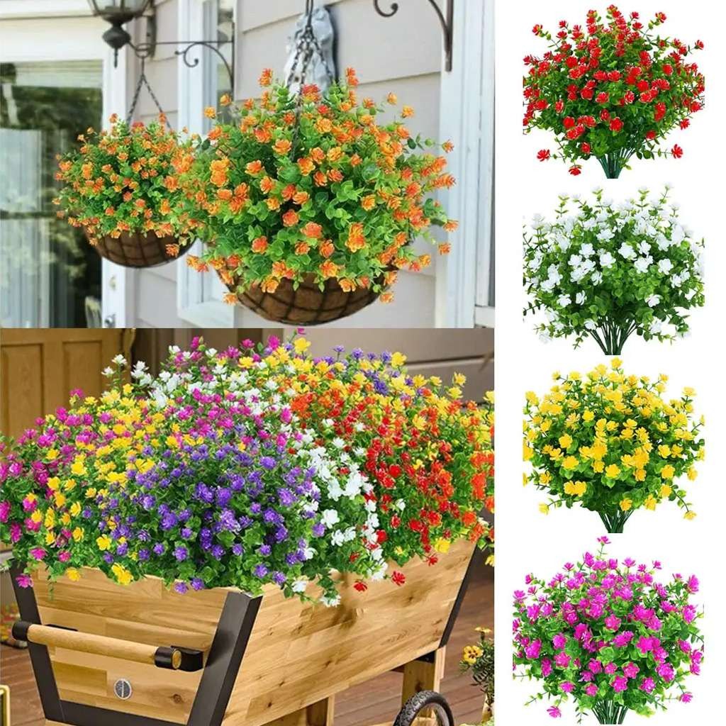 2/4/8 Bundles Artificial Flowers Outdoor UV Resistant Plastic Plant Silk Flower