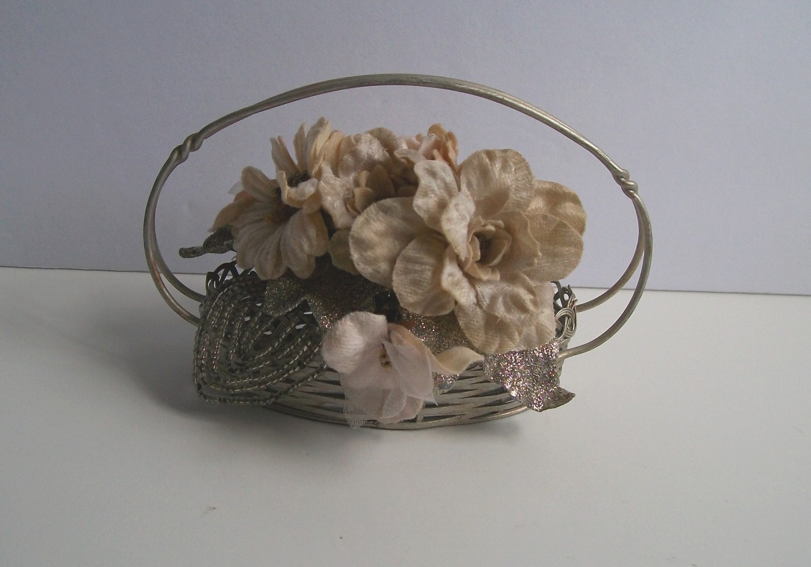 Silver Metal Flower Basket with Beaded Leaves & Velvet Flowers
