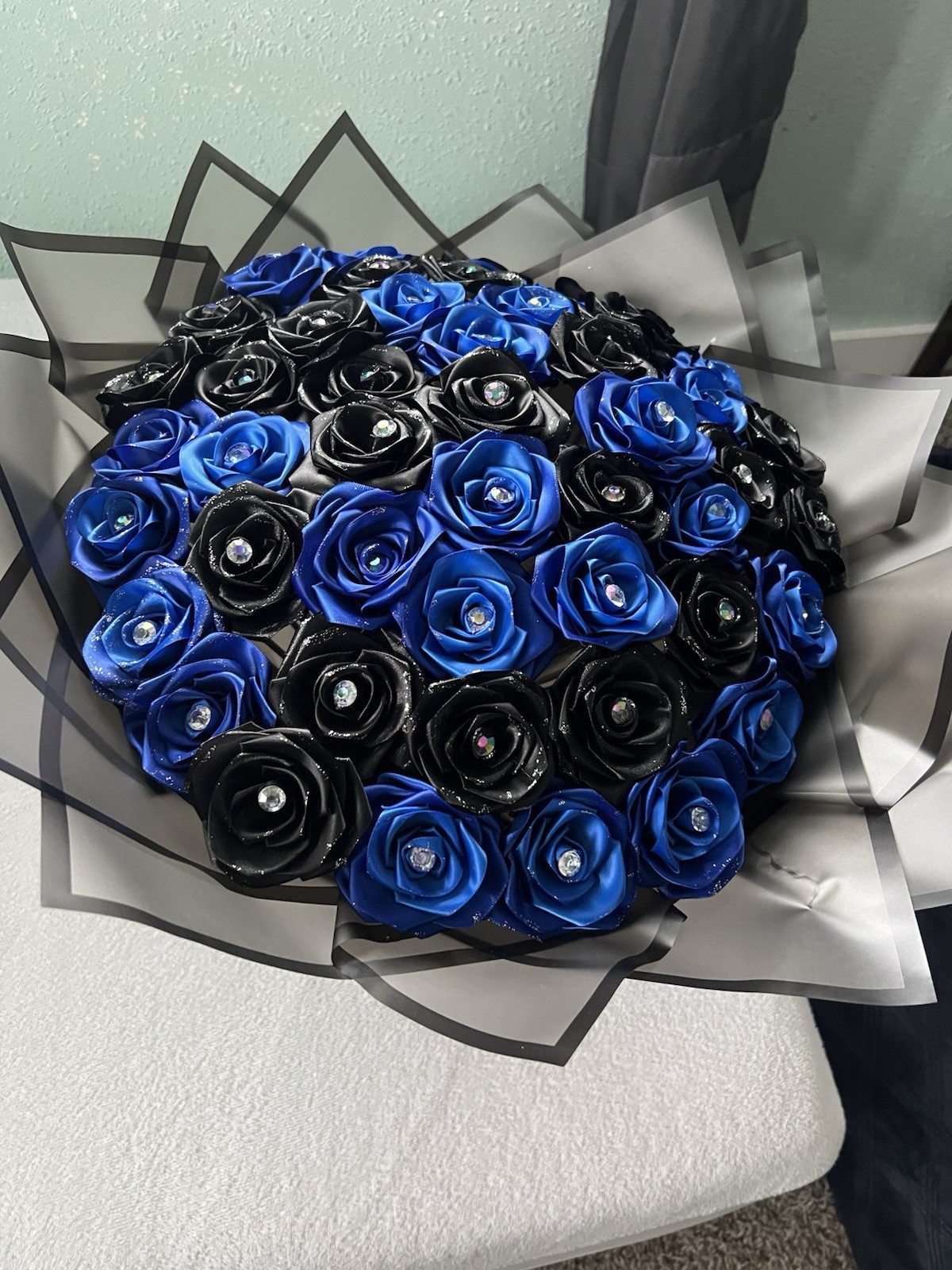 Artificial Blue and Black Rose Flower Bouquet with Plush Teddy Bear Arrangement