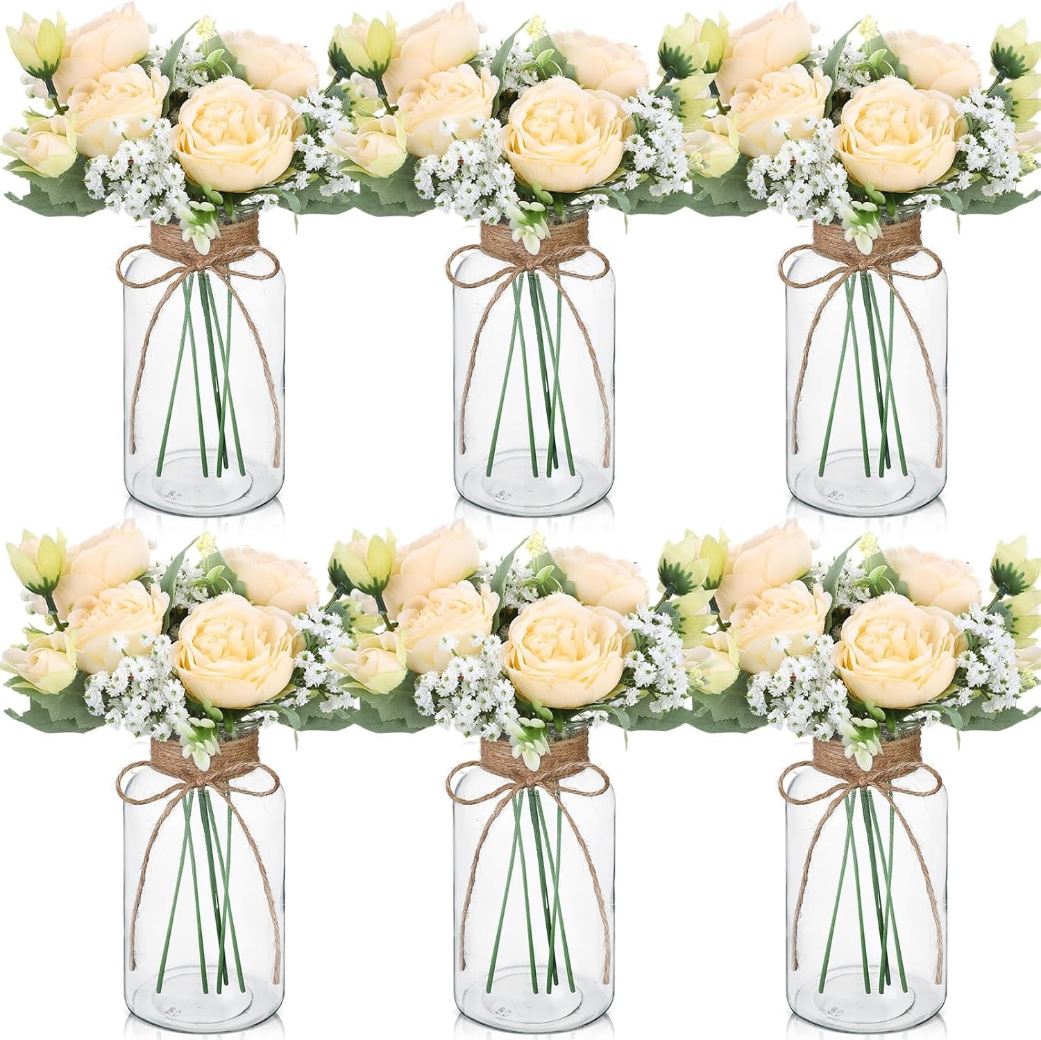 6 Sets Mason Jar Table Centerpiece W/ Artificial Peony Baby’s Breath Flower