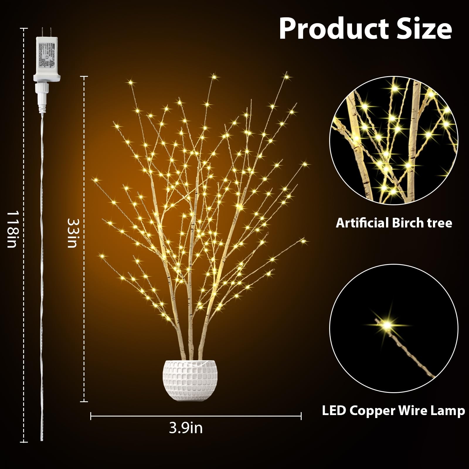 Lighted Birch Branches Plug in with Timer 33IN 180 LED Lights, Twinkling Ligh…