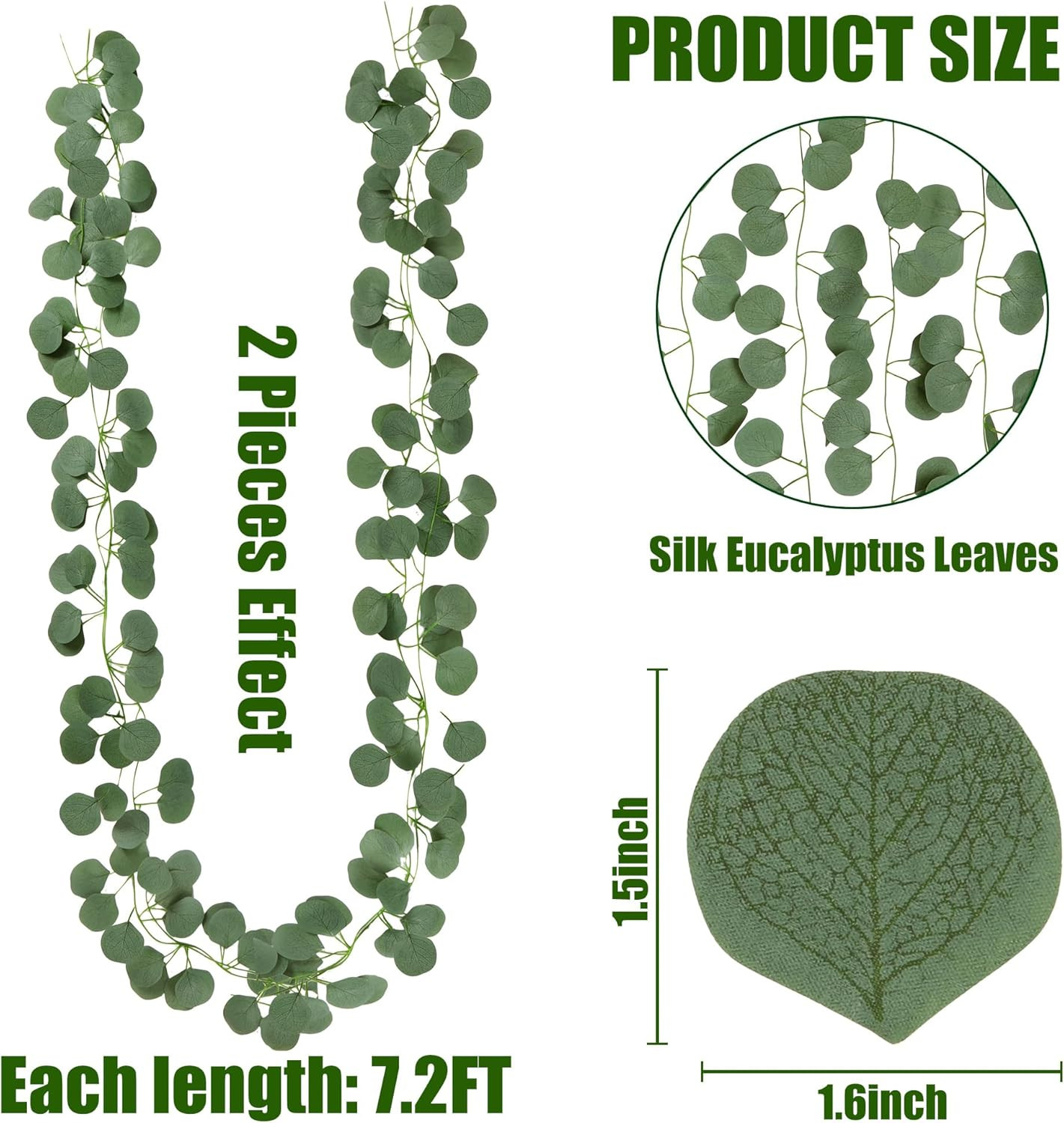 8Pcs Artificial Eucalyptus Garland Greenery Leaves Silk Vines Silver Dollar Leav