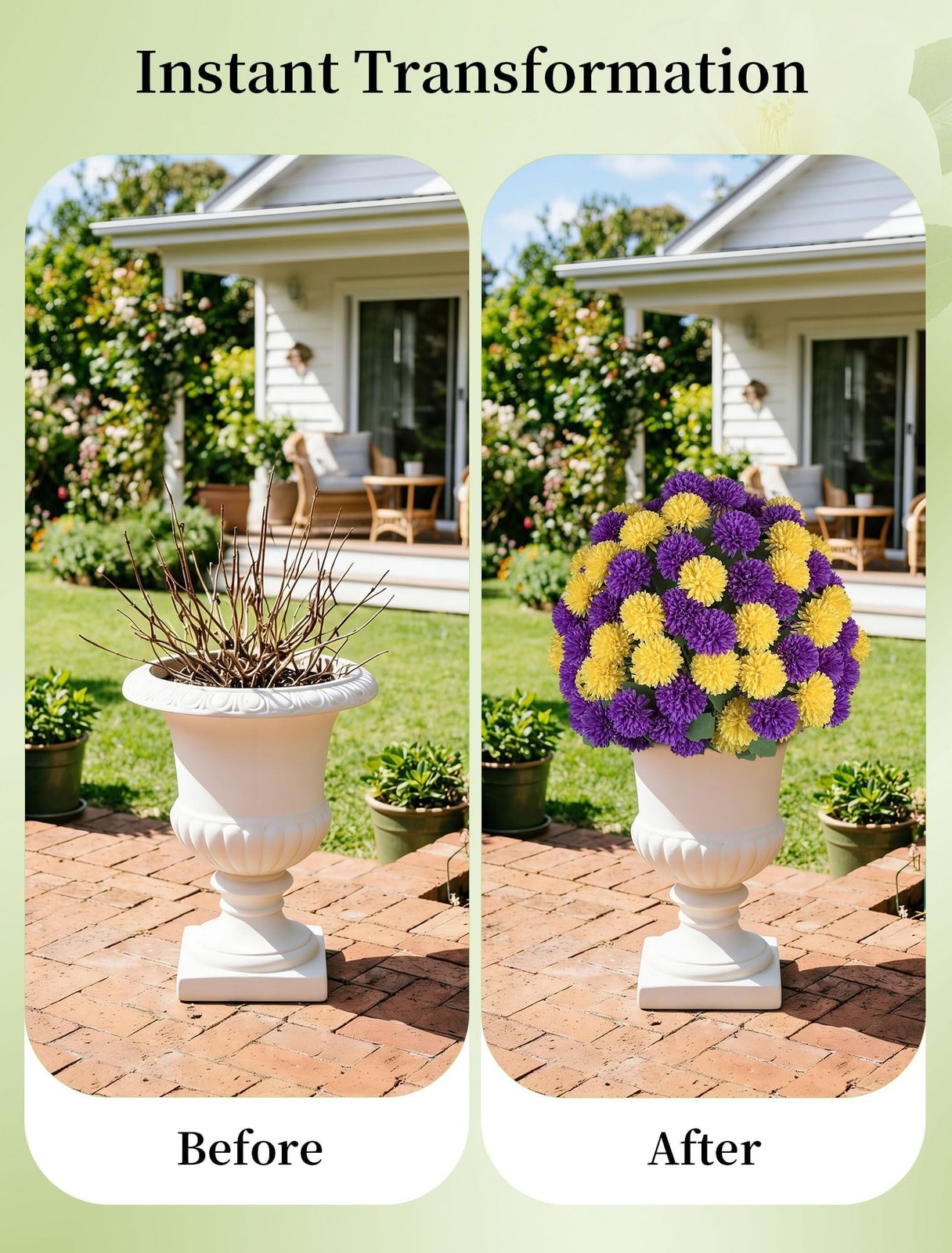 Faux Mums Flower with Stakes for Outdoor Planters, Set of 2, Large