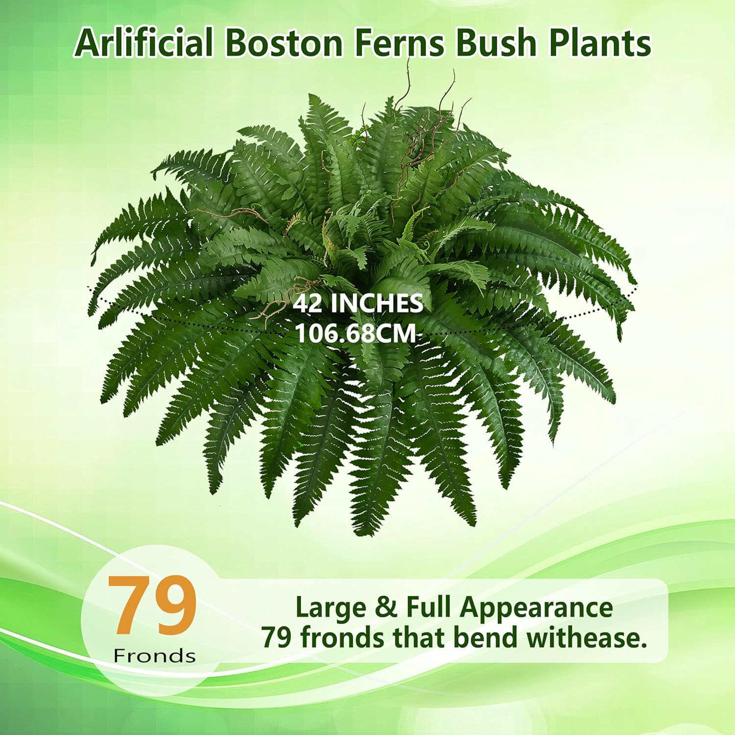 42In Artificial Boston Ferns Bush, Set of 2 Large Faux Ferns Plants, 79 Branches