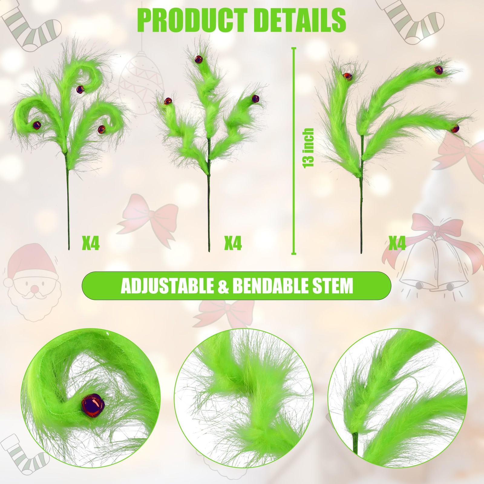 12 Pcs Christmas Tree Topper Lime Green Furry Tree Picks Furry Spiral Curly S…