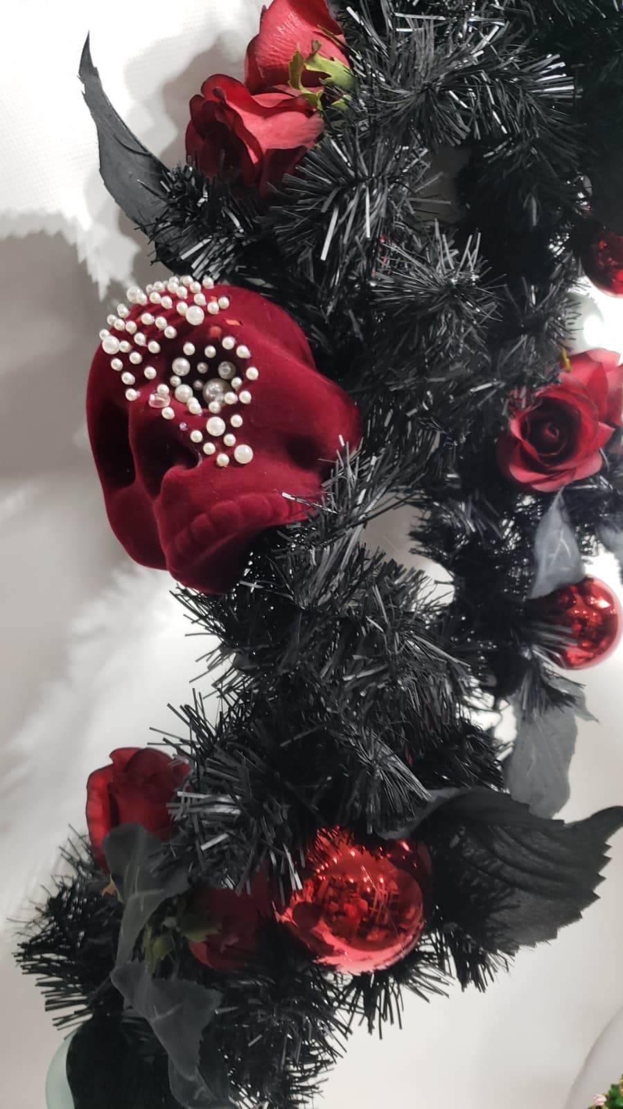 Ashland Gothic Halloween Skull Wreath Red Roses And Ornament Garland Decor 6 ft