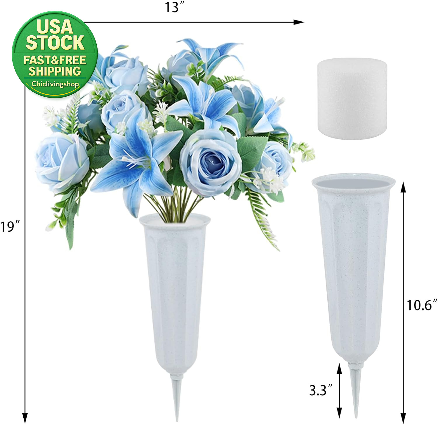 Artificial Cemetery Flowers 2 Set Lilies Roses Mixed Blue Silk with Vases