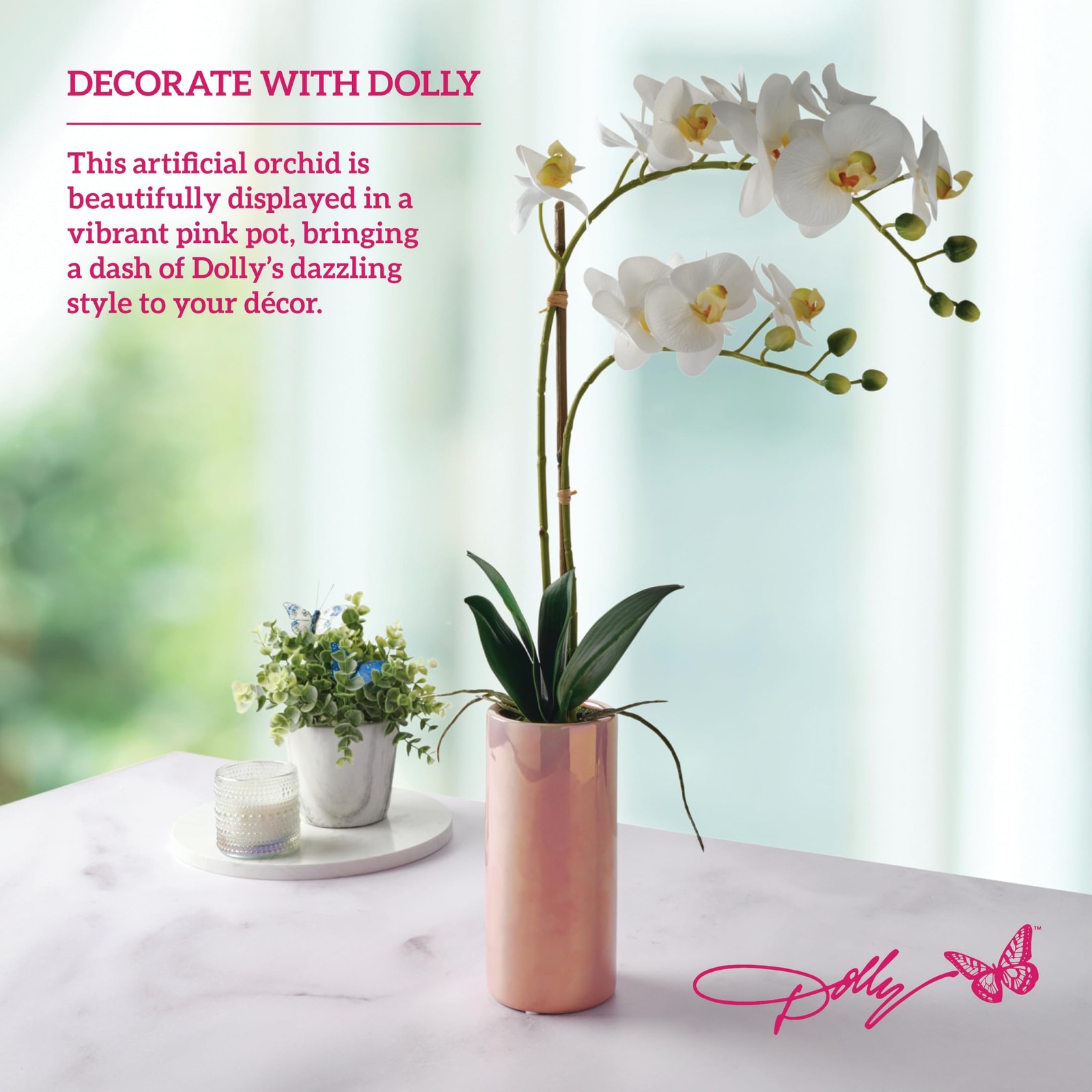 White Artificial Orchid in Pink Ceramic Pot, 9.8×5.5×24 Inch