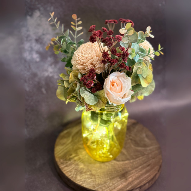 Sola Wood Floral Farmhouse Arrangement Yellow Mason Jar LED Lights Home Decor