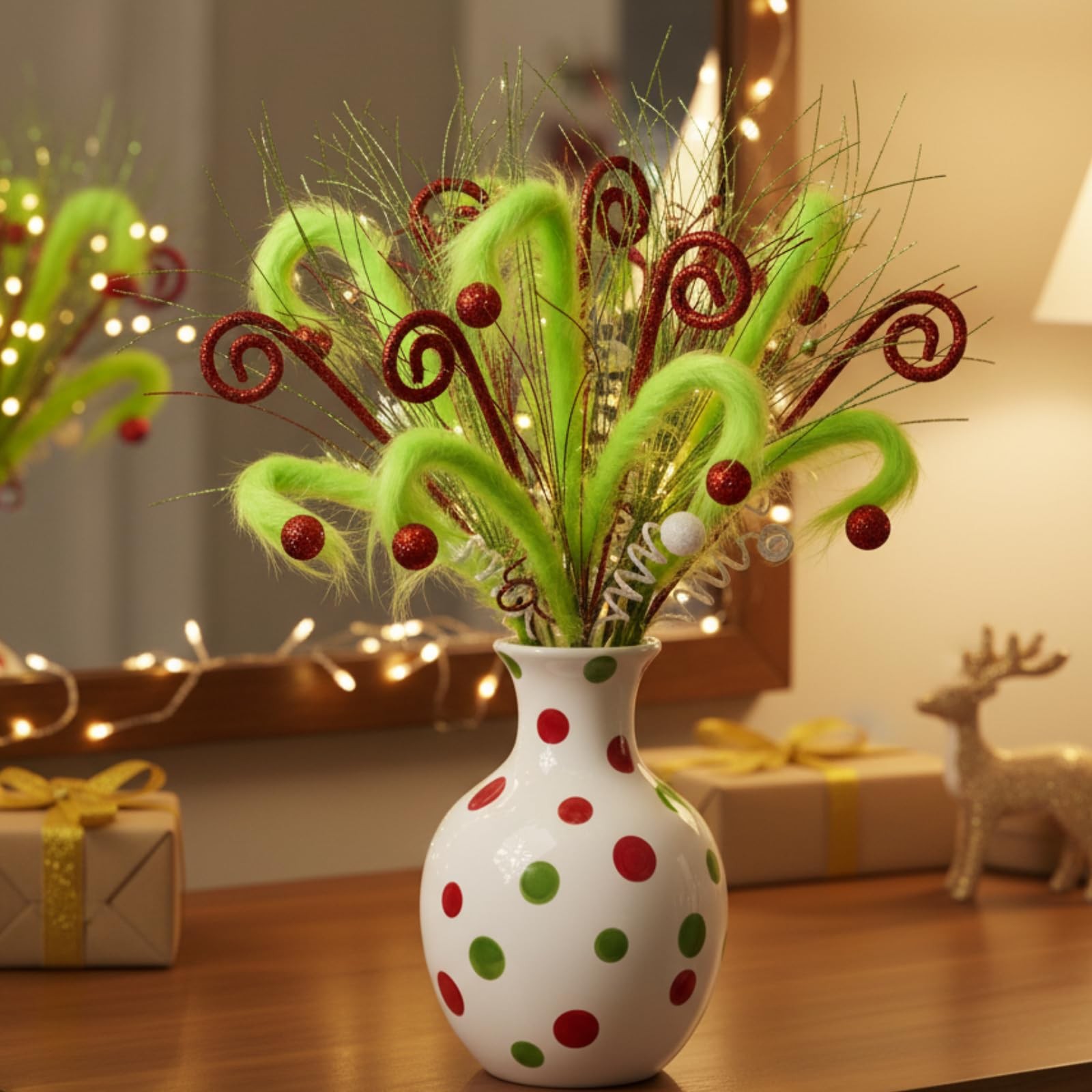 6 Pcs 20 Inch Whimsical Lime Green Furry Curly Christmas Tree Picks and Spray…