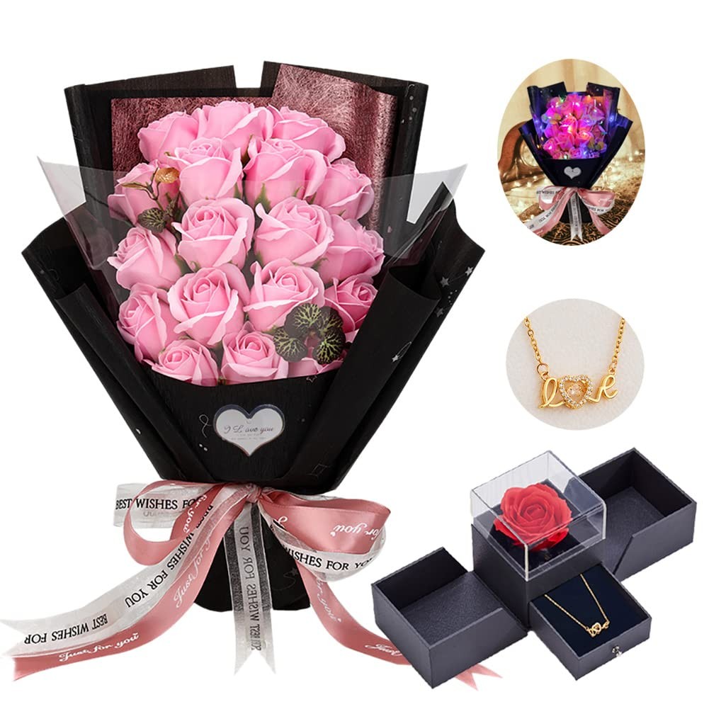 Roses Bouquet Artificial Flower – Preserved Pink Rose Flowers with Love Neckl…